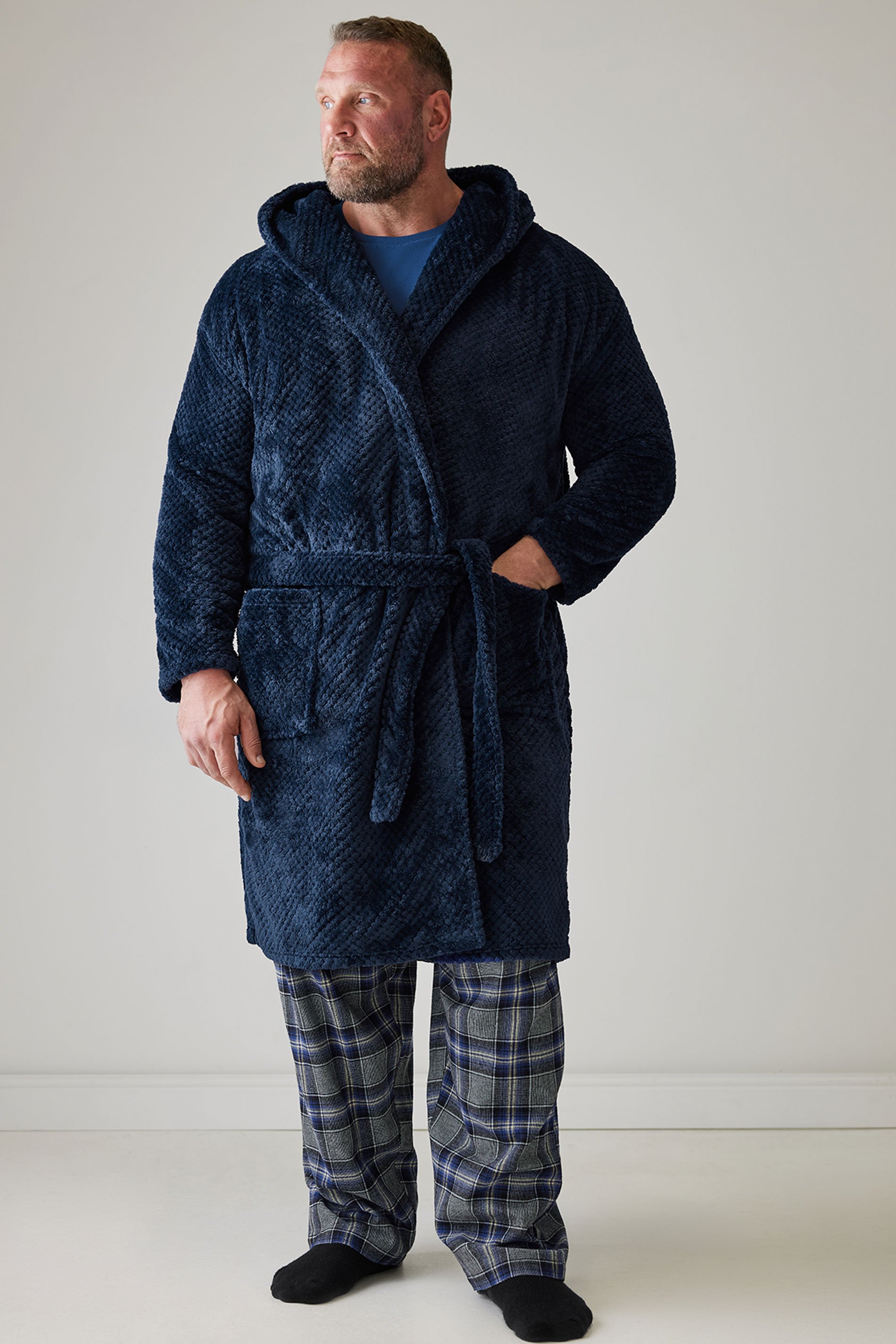 BadRhino Big & Tall Navy Blue Textured Fleece Dressing Gown | BadRhino 1