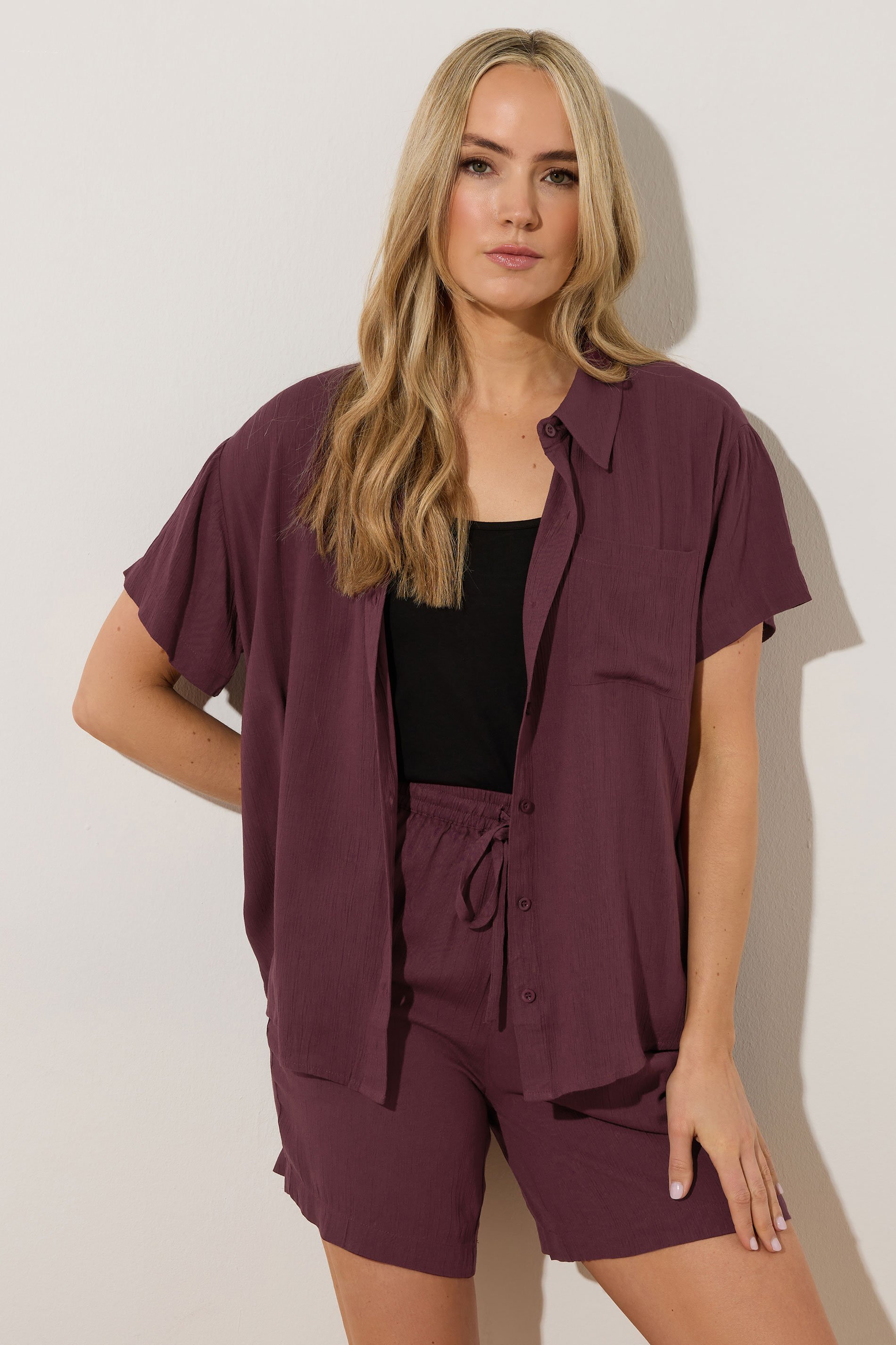 LTS Tall Dark Purple Cotton Crinkle Shirt | Long Tall Sally 3