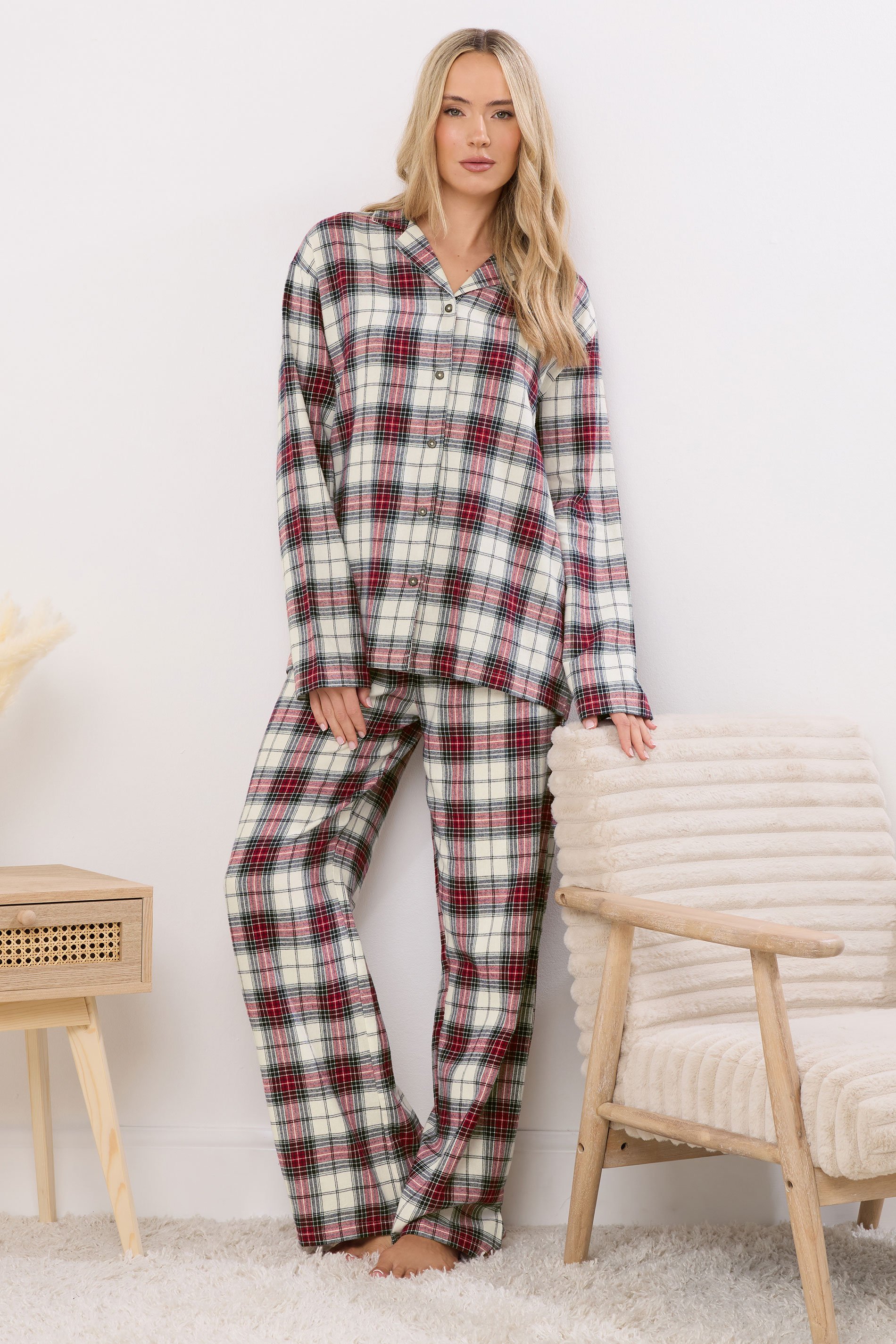 LTS Tall Ivory White & Red Cotton Check Pyjama Set | Long Tall Sally 2