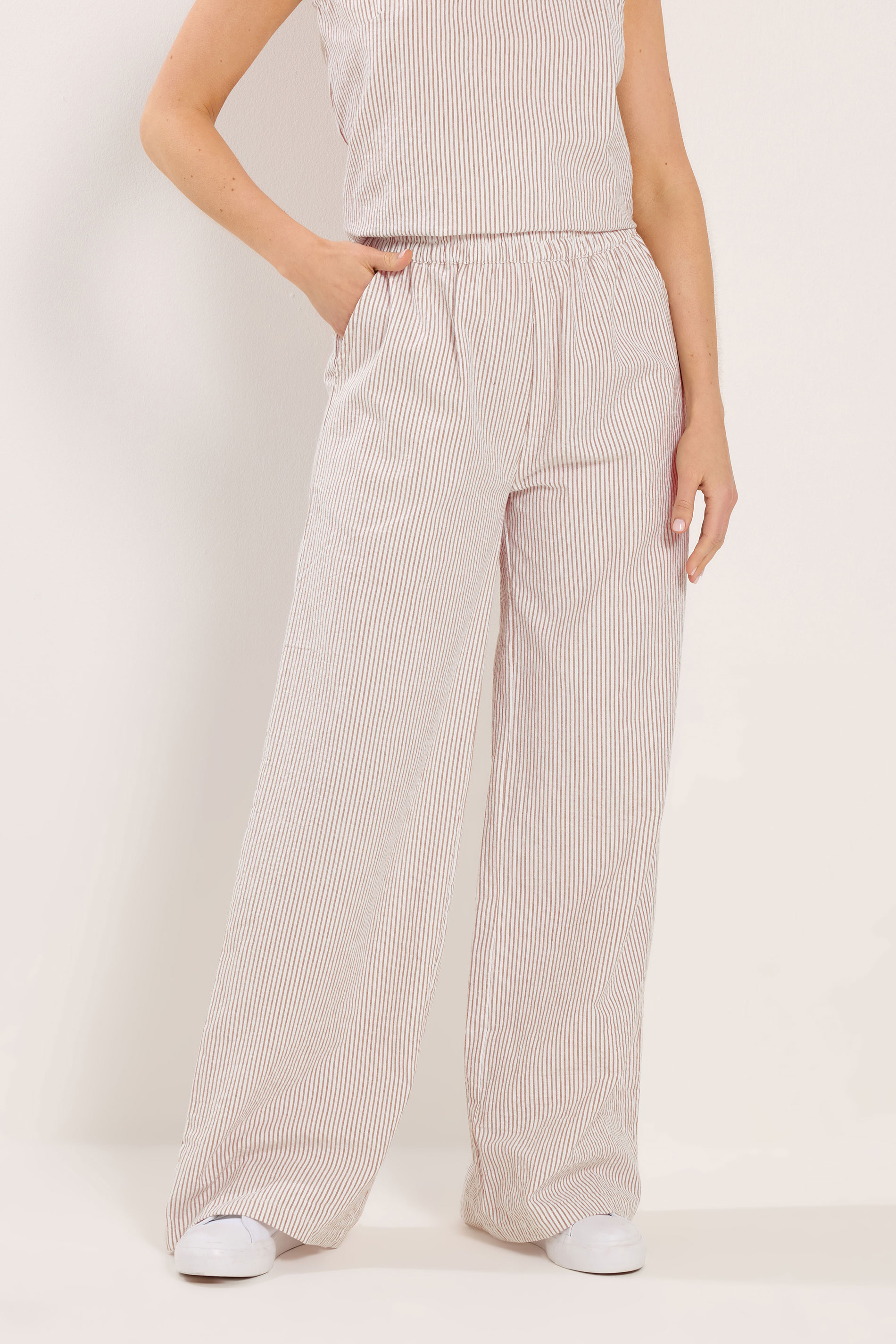 LTS Tall Women's Set Camel Brown Stripe Cotton Vest Top & Trousers | Long Tall Sally  5
