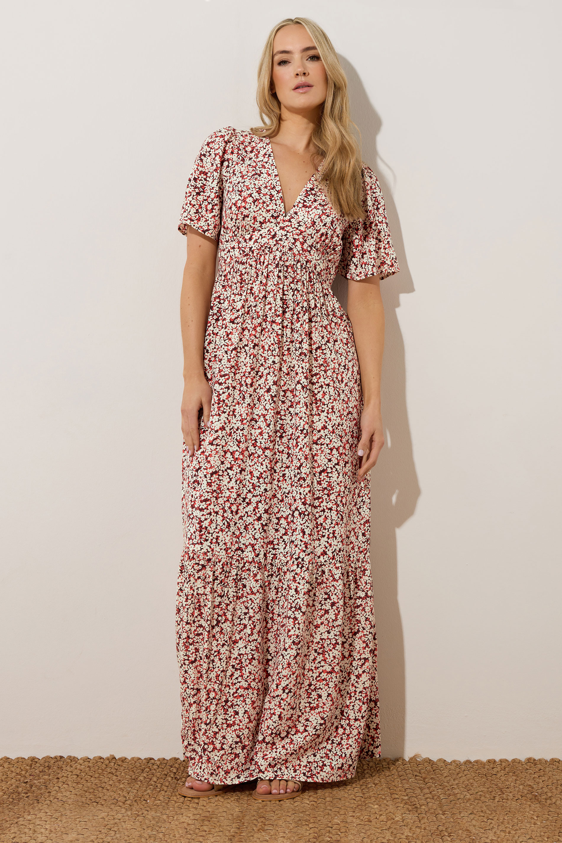 LTS Tall Coral Orange Ditsy Floral Tiered Maxi Dress | Long Tall Sally 2