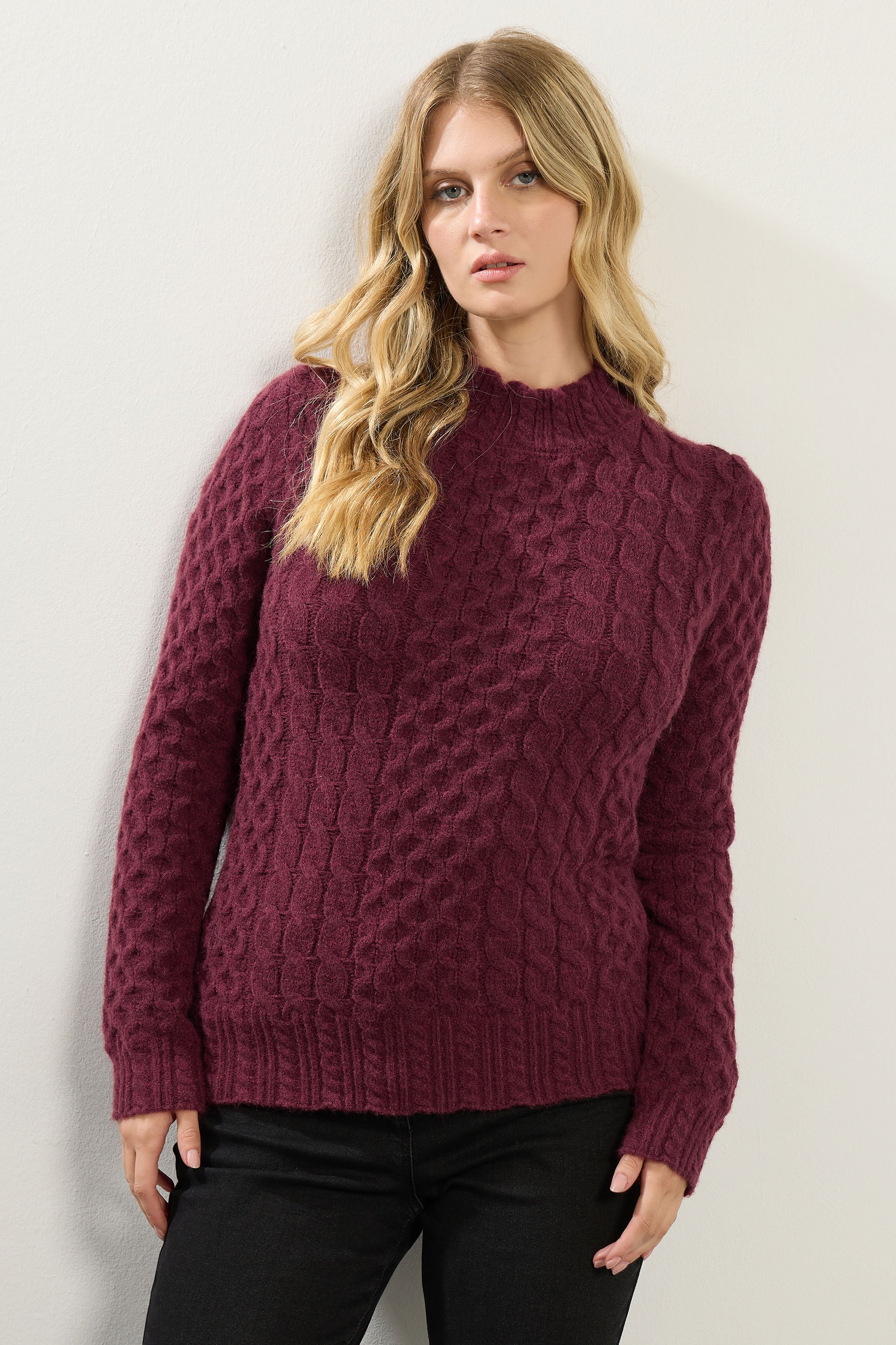 LTS Tall Burgundy Red Cable Knit Frill Jumper | Long Tall Sally 2