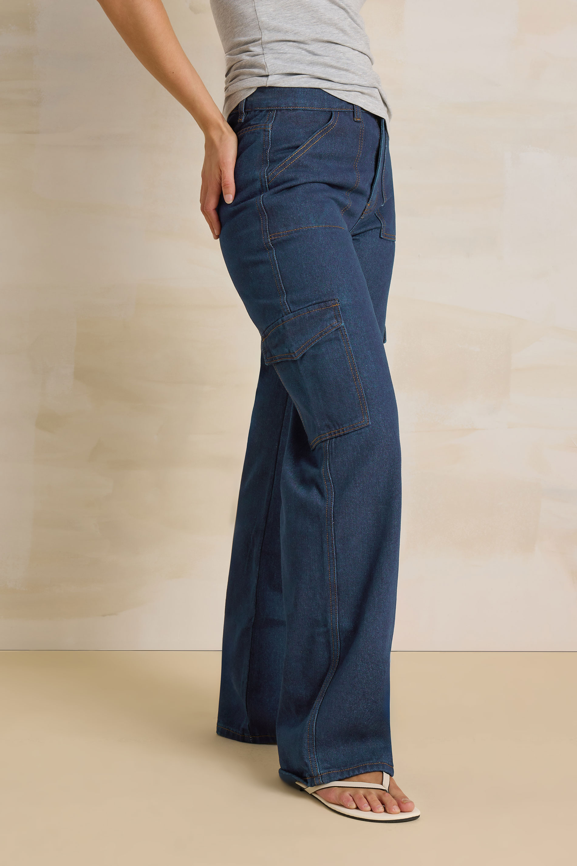 LTS Tall Womens Dark Blue Wide Leg Cargo Jeans | Long Tall Sally  3