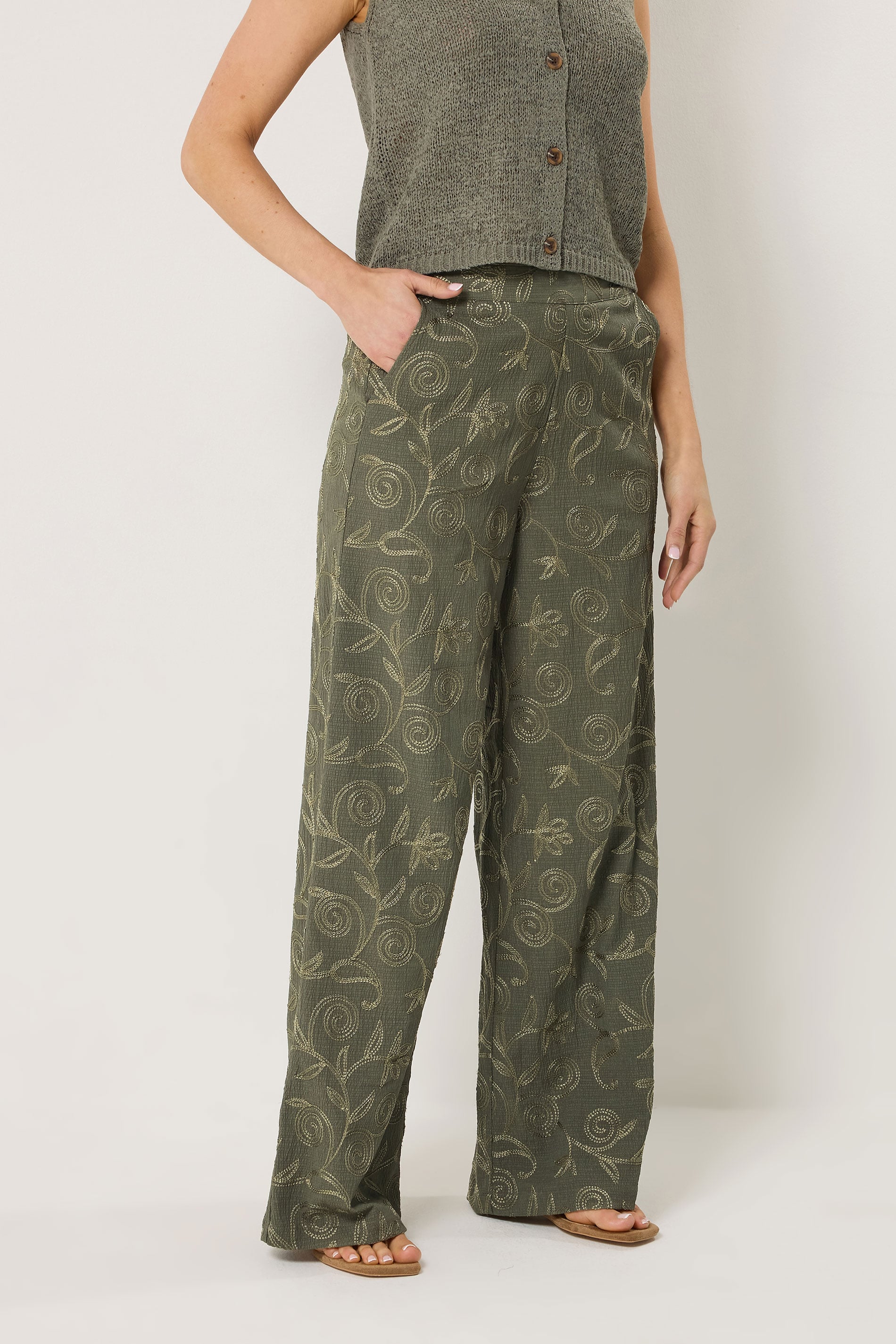 LTS Tall Women's Olive Green Floral Embroidered Wide Leg Trousers | Long Tall Sally 2
