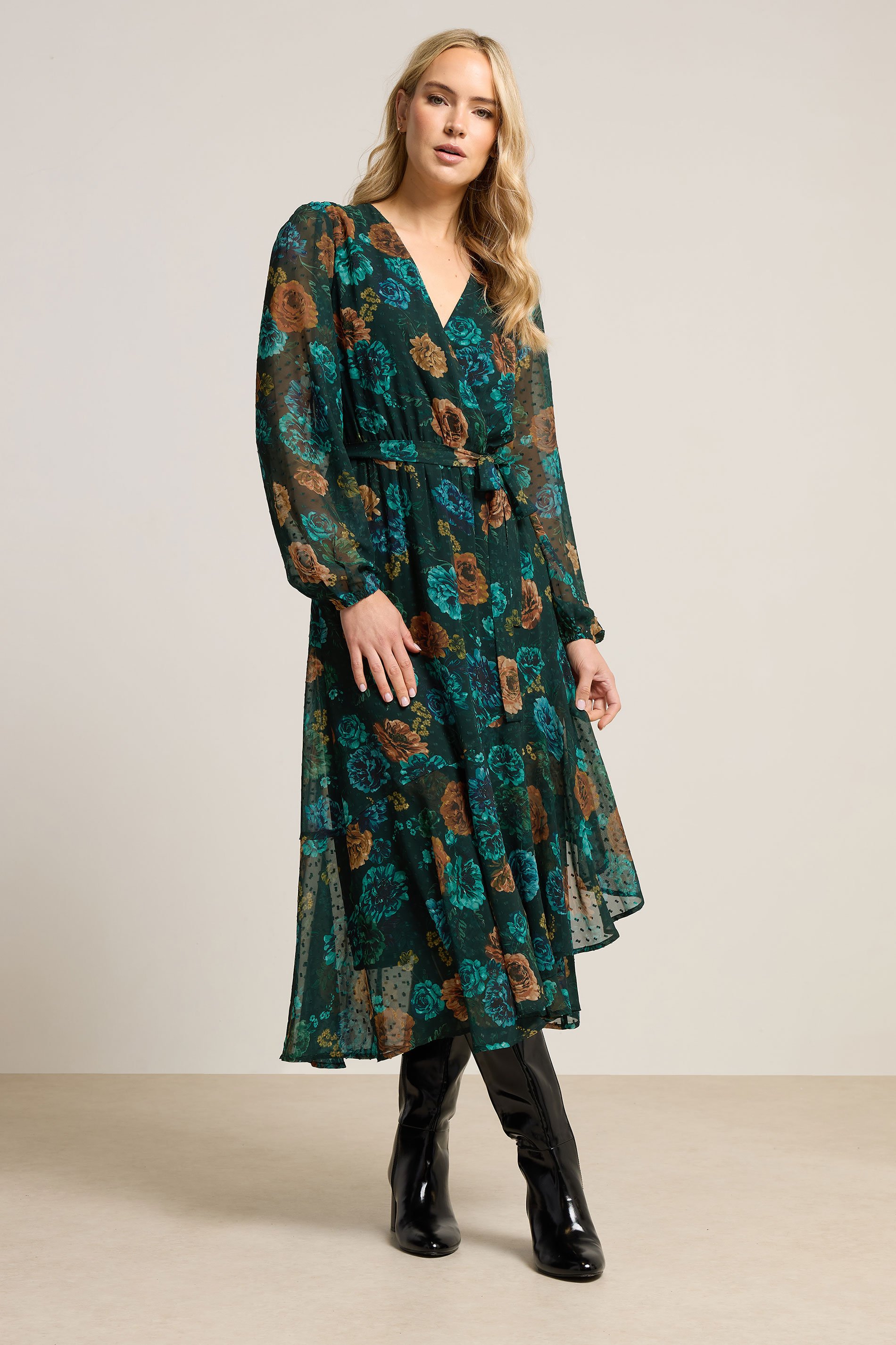 LTS Tall Dark Green Floral Chiffon Dobby Dress | Long Tall Sally 1