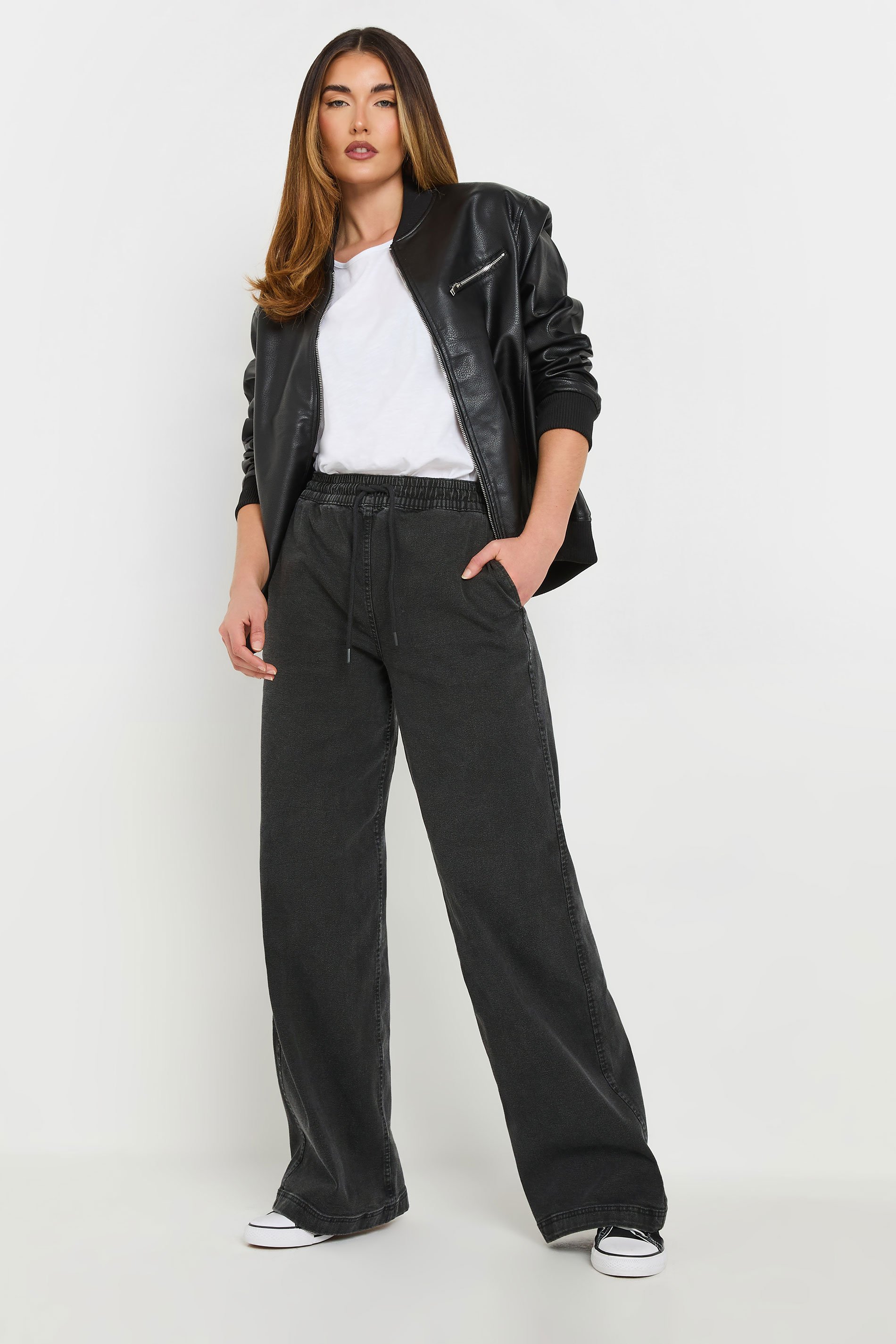 LTS Tall Black Washed Denim Pull-On Wide Leg Jeans | Long Tall Sally 1