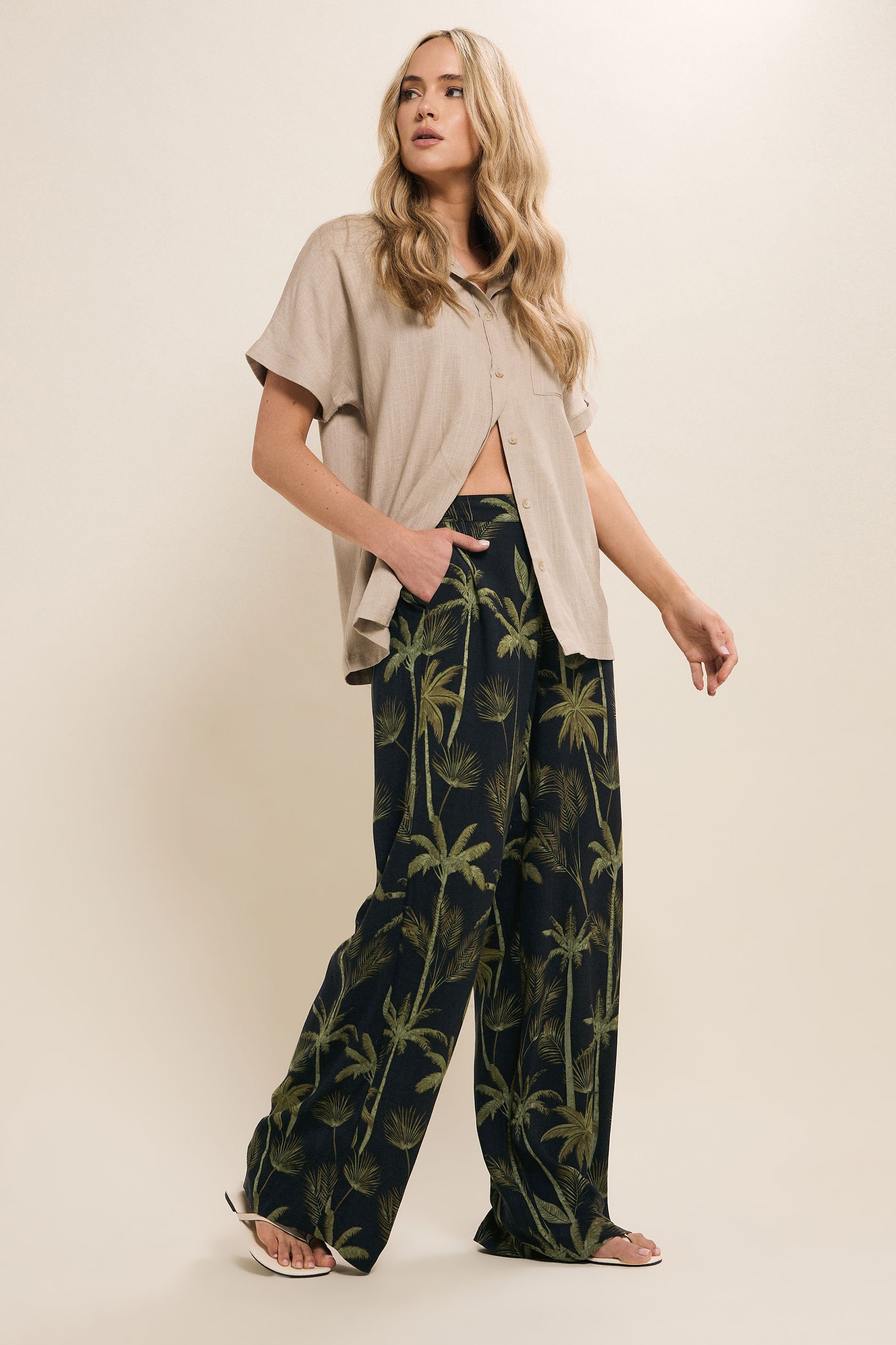 LTS Tall Black Tropical Palm Wide Leg Trousers | Long Tall Sally 2