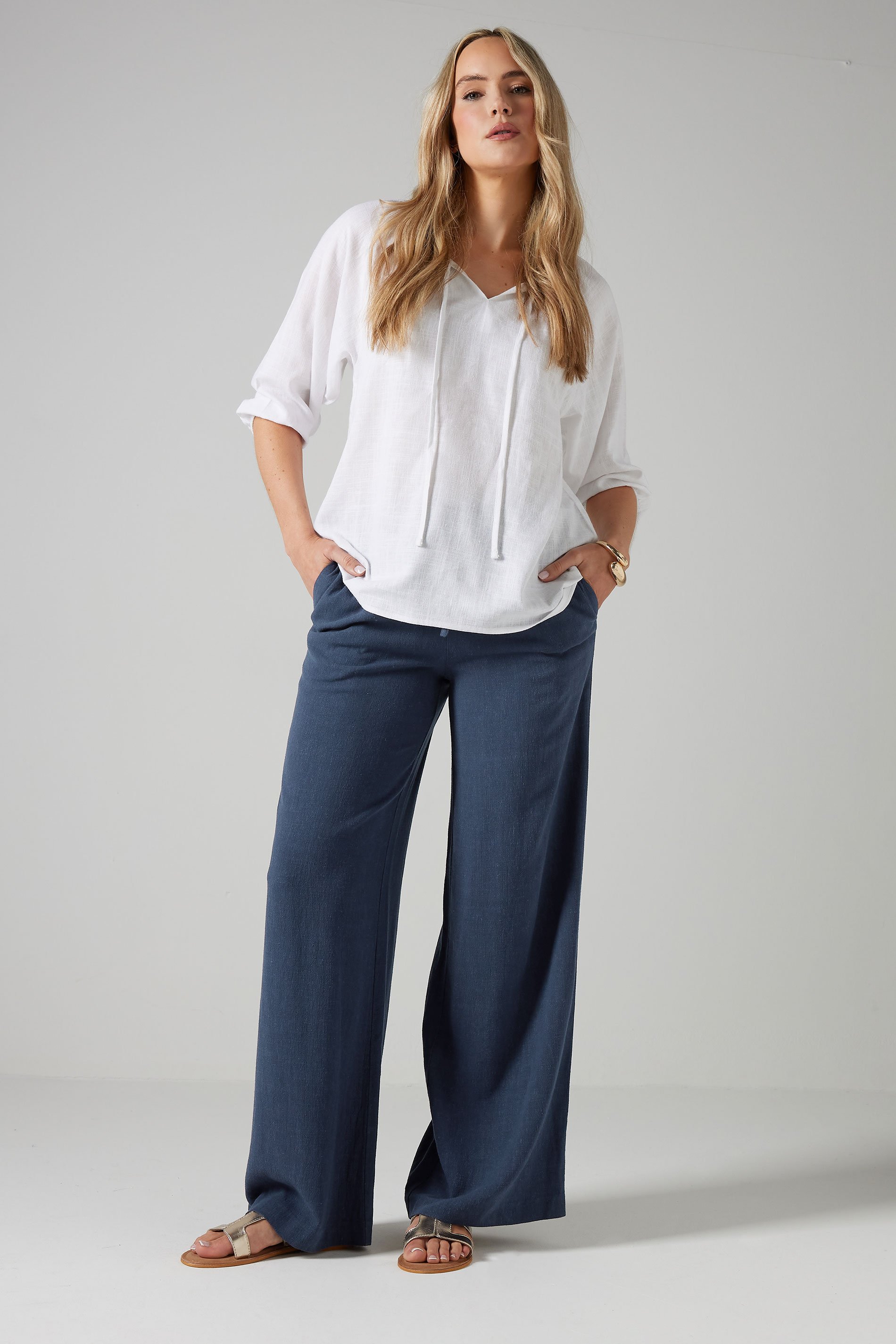 LTS Tall Navy Blue Linen Tie Waist Trousers | Long Tall Sally 1