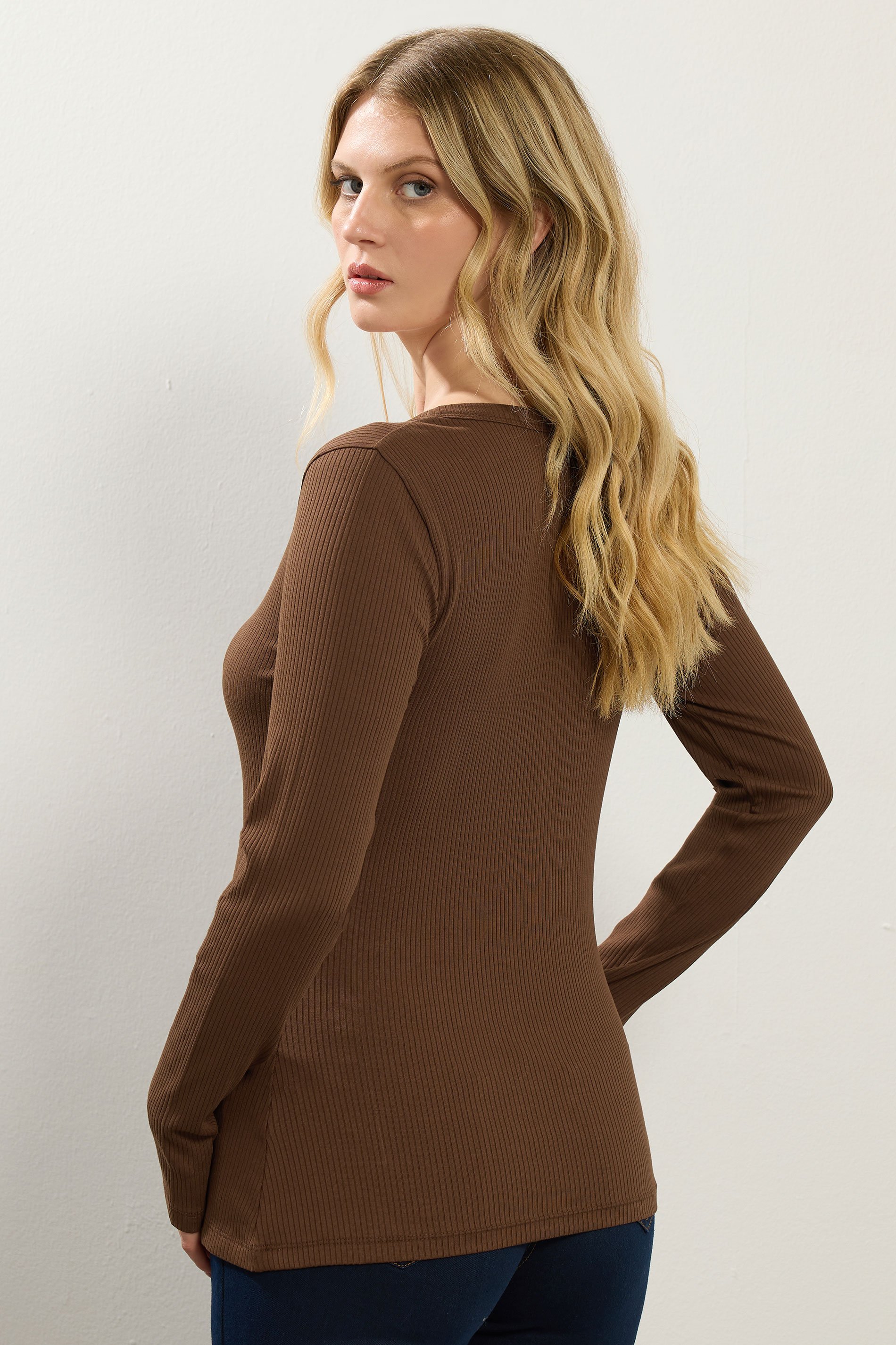 LTS Tall Chocolate Brown Cotton Ribbed Henley Top | Long Tall Sally 4