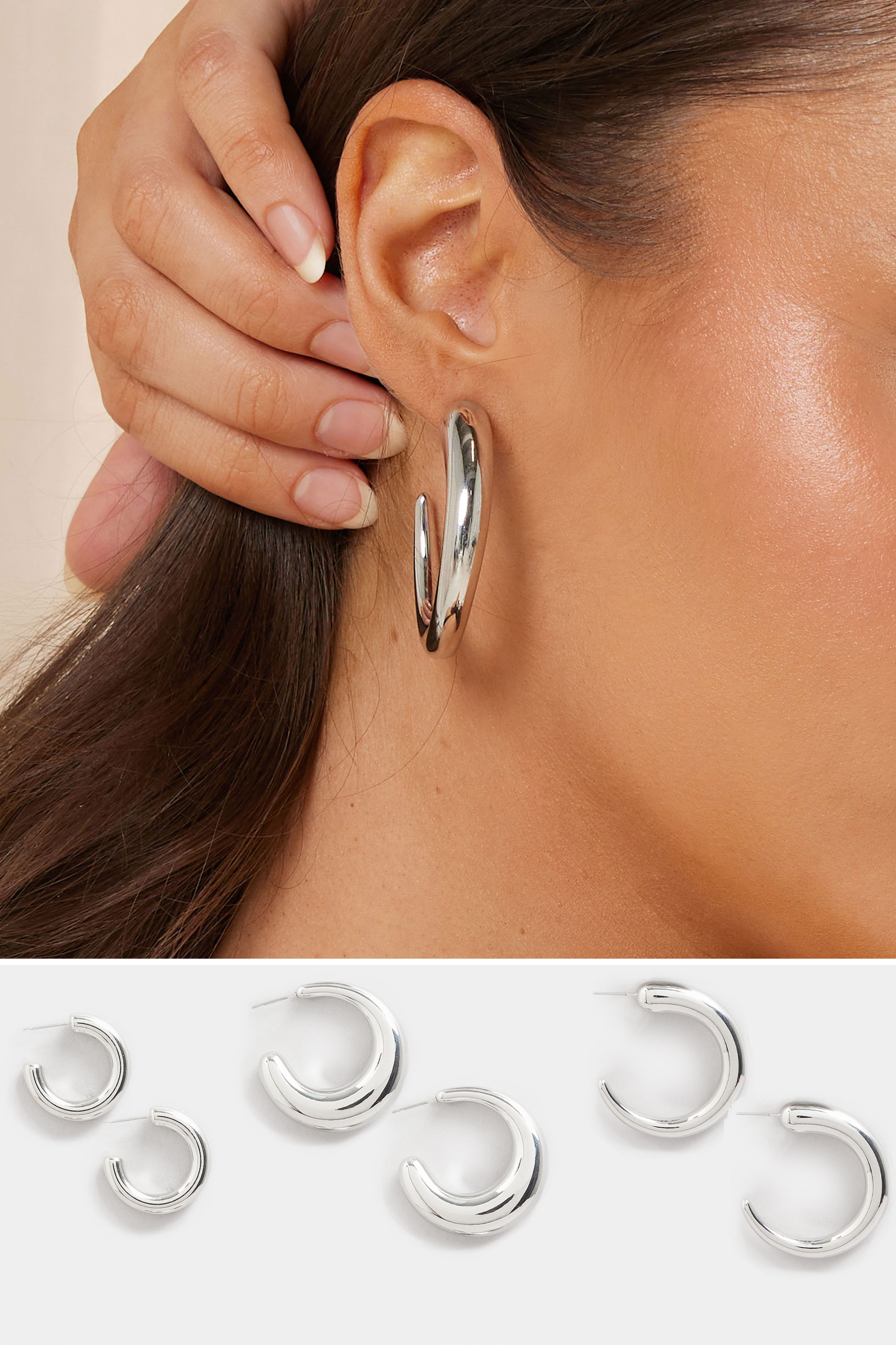 3 PACK Silver Tone Hoop Earrings Set | Yours Clothing 1