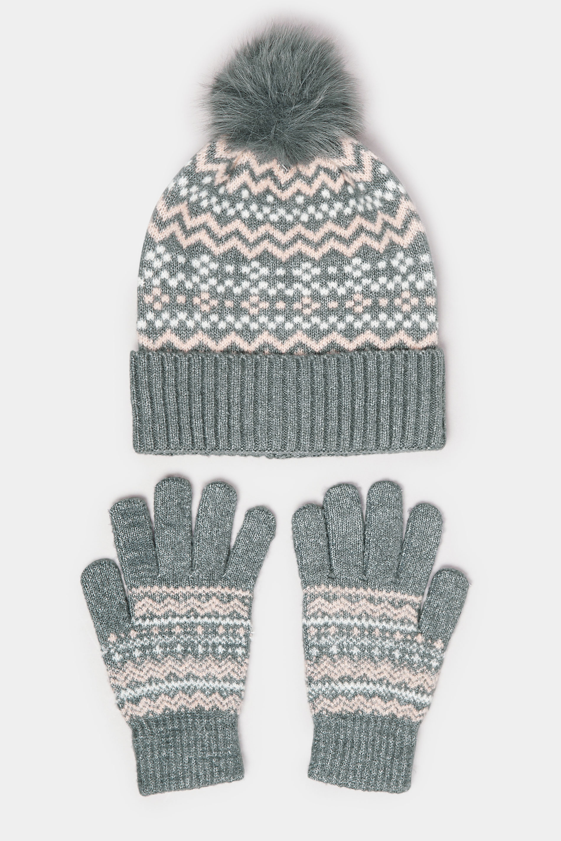 Grey Fairisle Bobble Hat & Glove Set | Yours Clothing 4