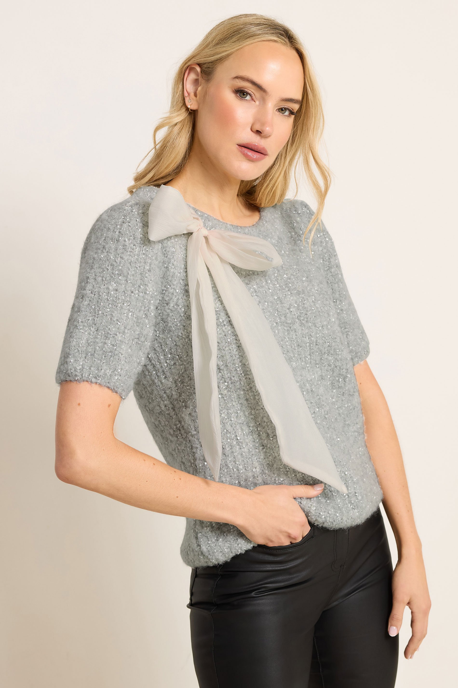 LTS Tall Silver Knitted Bow Jumper | Long Tall Sally 2