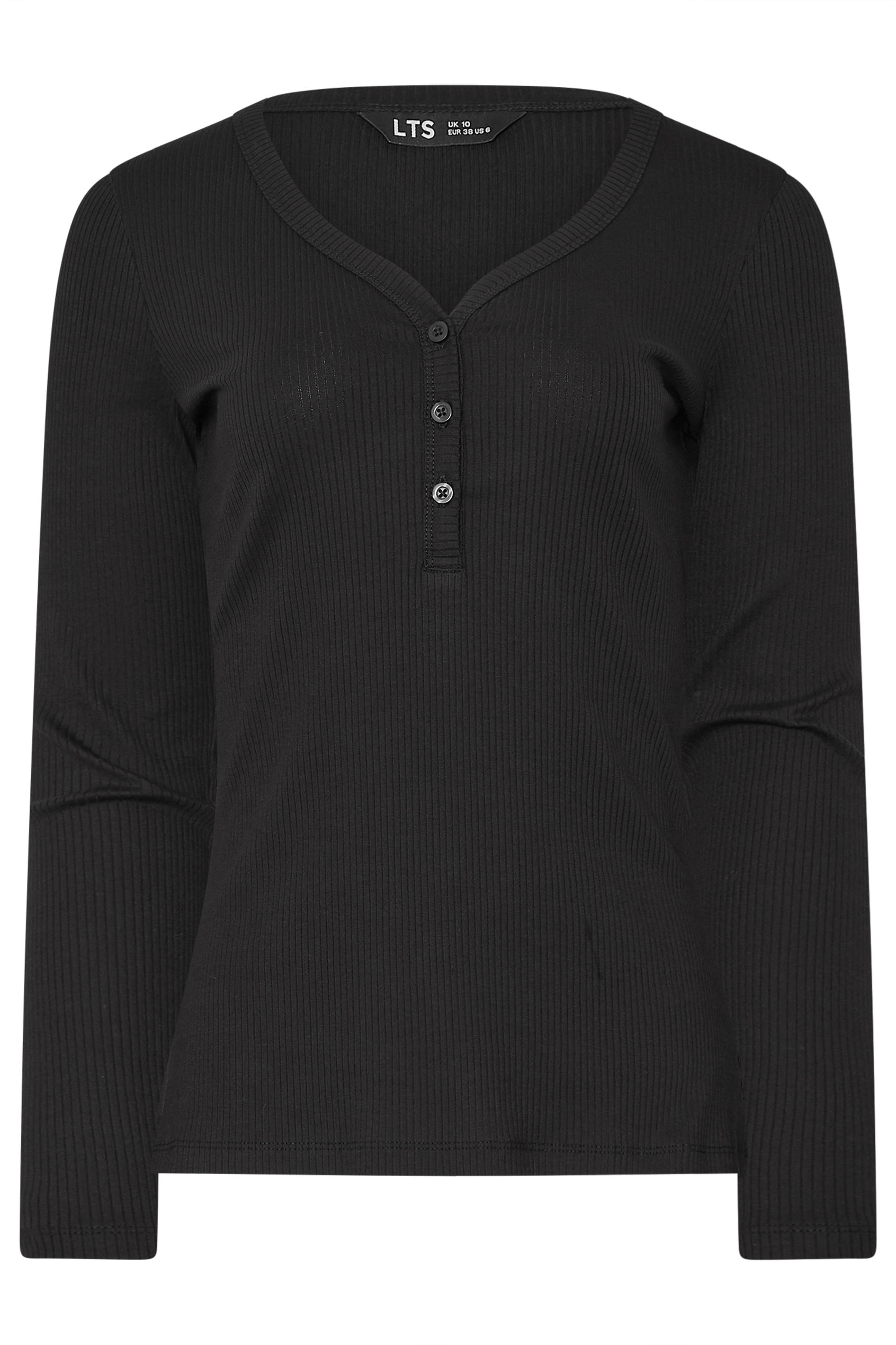 LTS Tall Black Cotton Ribbed Henley Top | Long Tall Sally 5