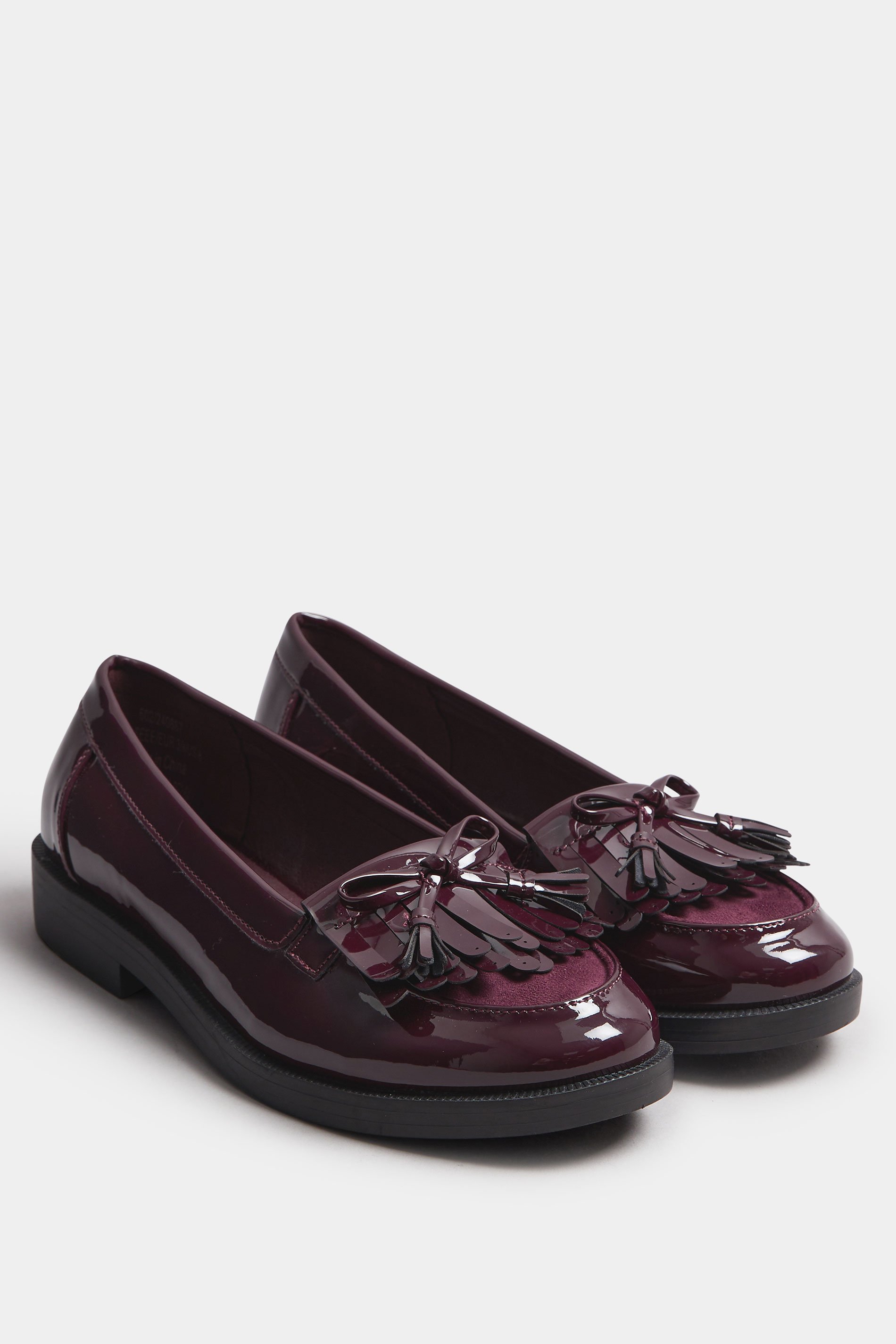 Burgundy Red Patent Fringe Loafers In Extra Wide EEE Fit | Yours Clothing 2