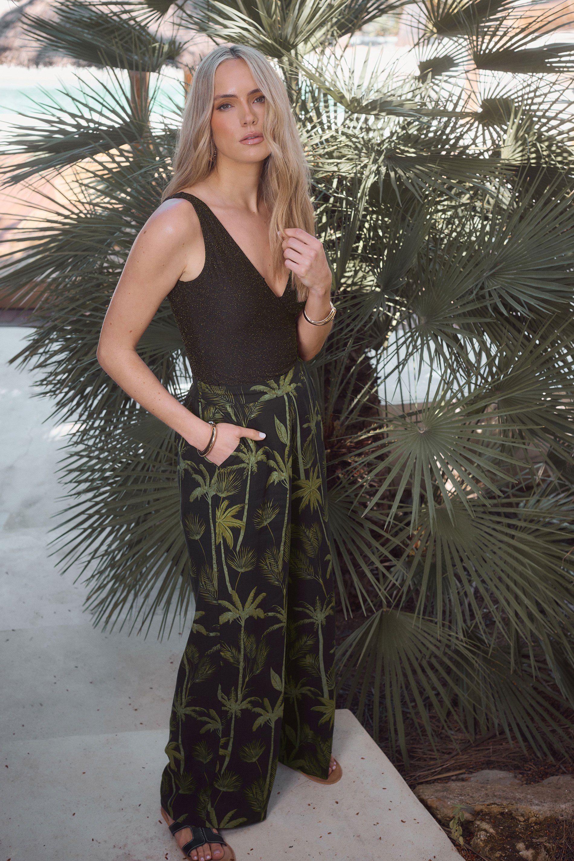 LTS Tall Black Tropical Palm Wide Leg Trousers | Long Tall Sally 1