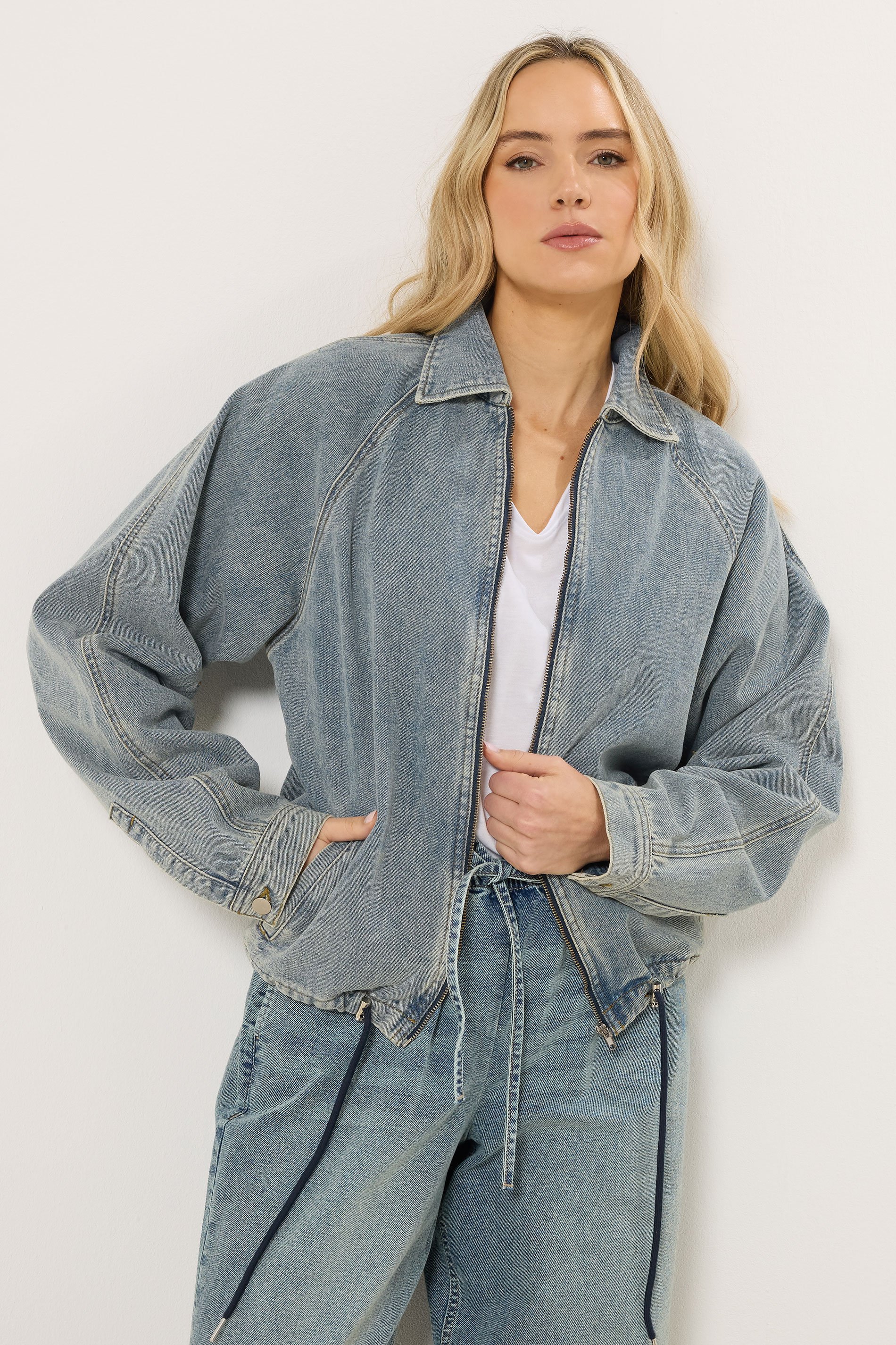 LTS Tall Women's Blue Washed Denim Bomber Jacket | Long Tall Sally 3
