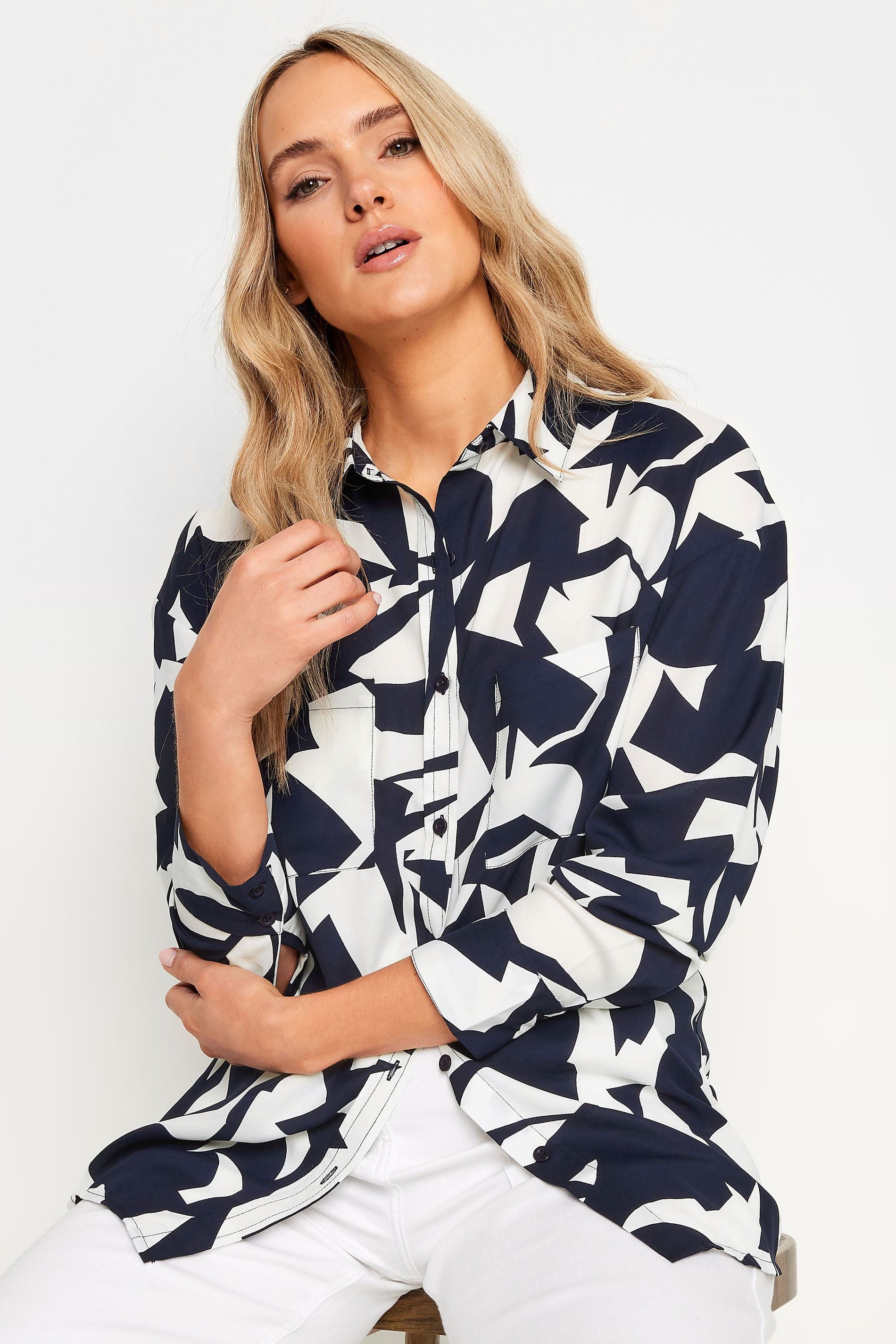 LTS Tall Navy Blue Abstract Print Long Sleeve Shirt | Long Tall Sally 1