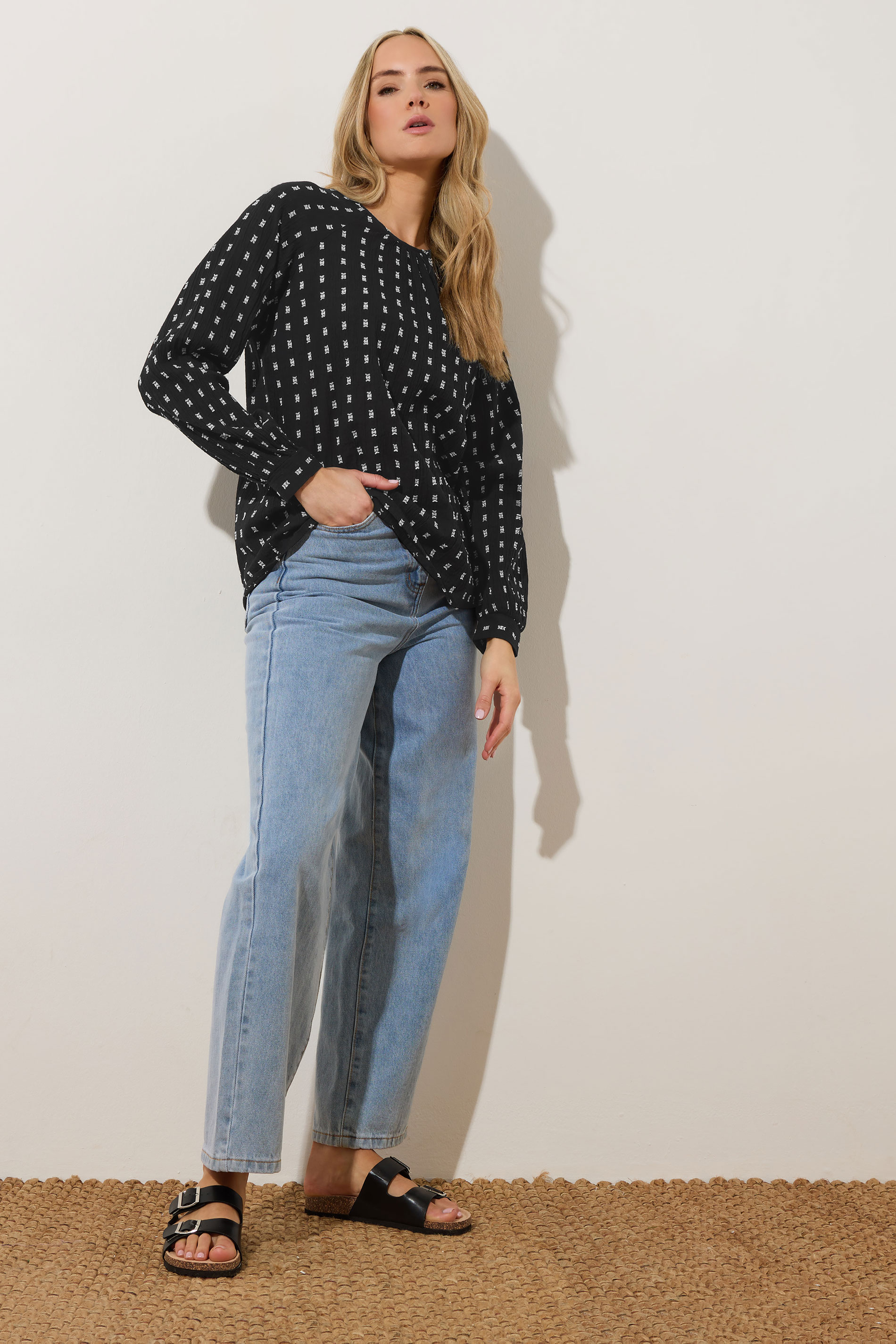 LTS Tall Black Woven Spot Raglan Blouse | Long Tall Sally 2