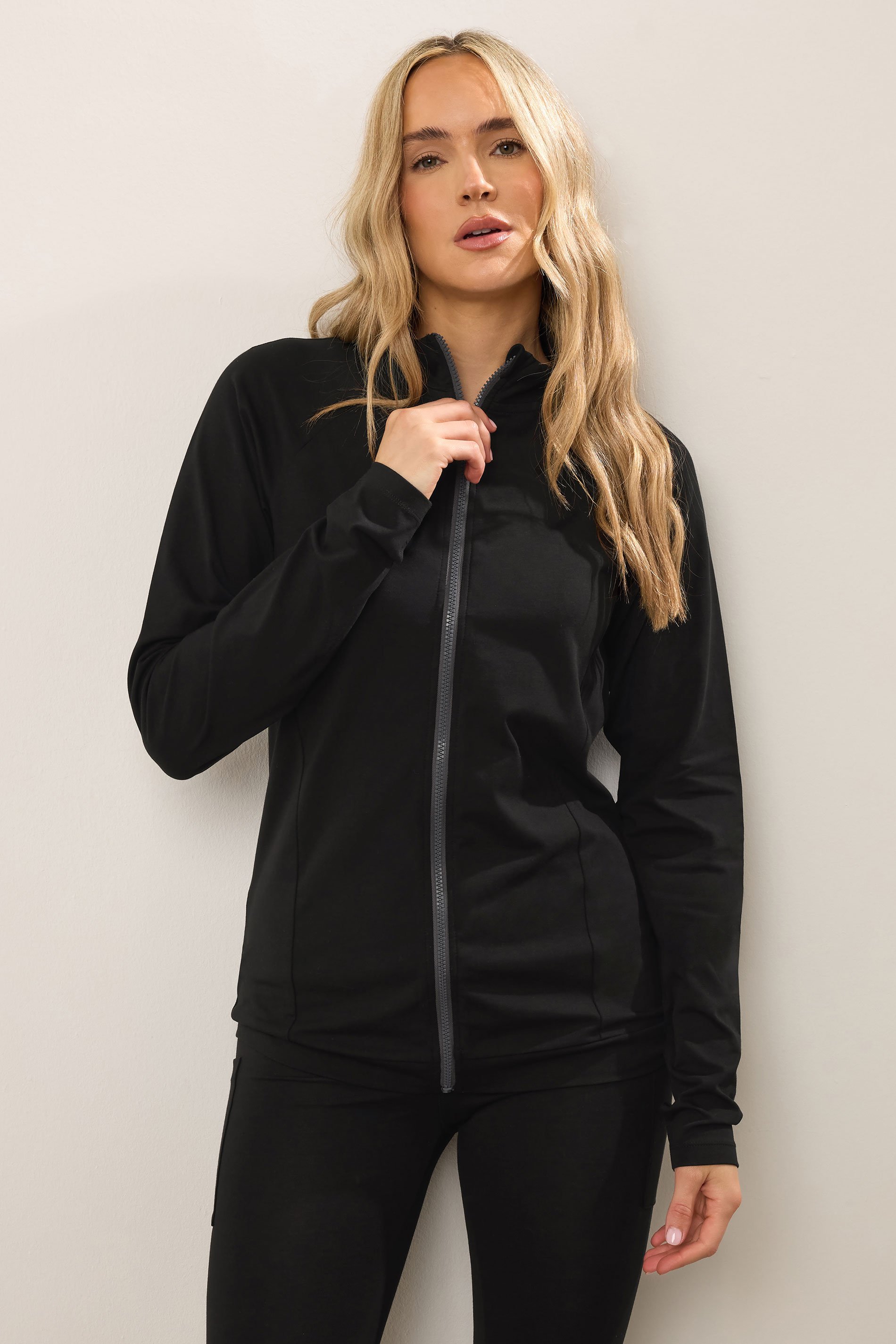 LTS Tall Black Cotton Zip Through Top | Long Tall Sally 1