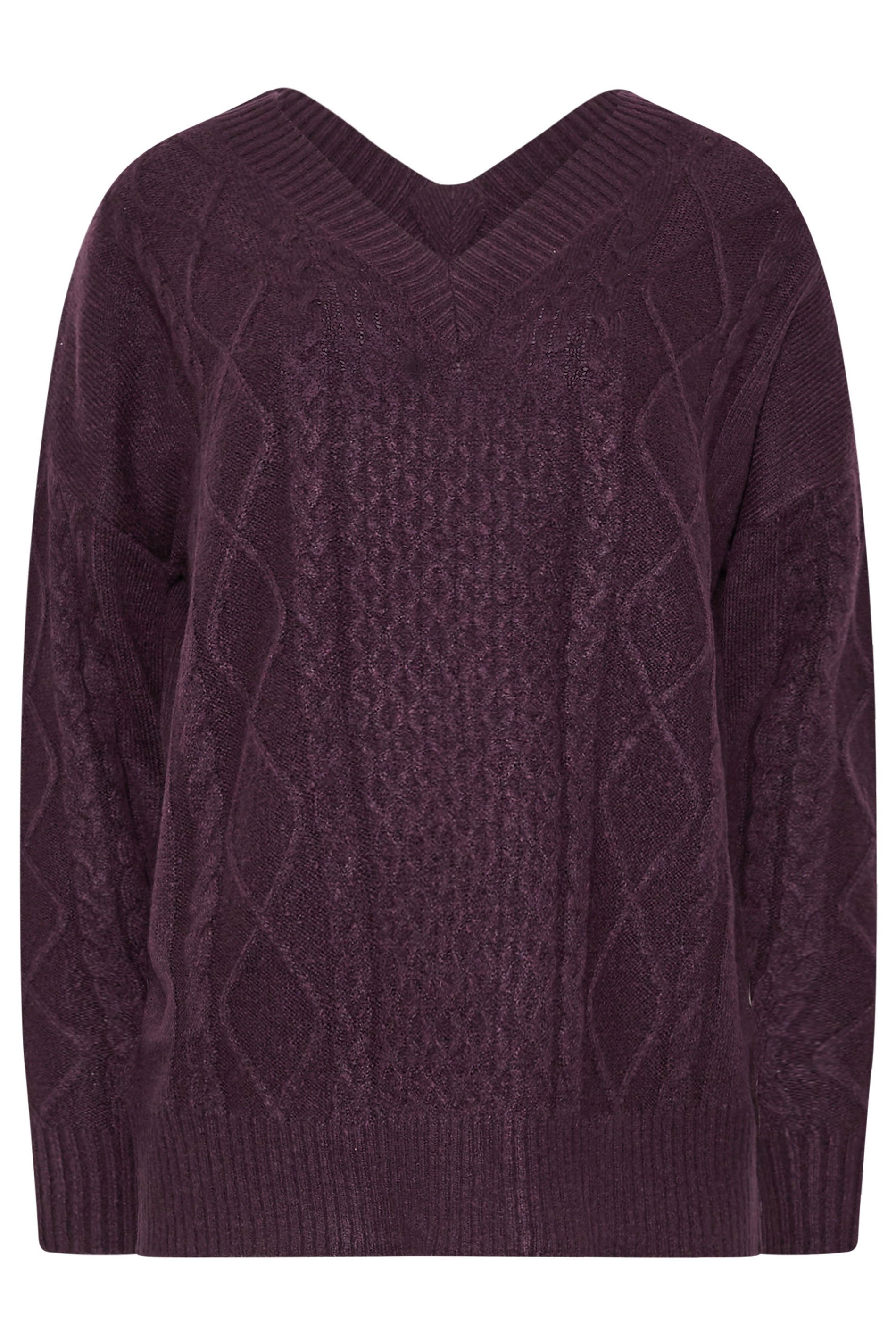 LTS Tall Dark Purple Cable Knit V-Neck Jumper | Long Tall Sally 5