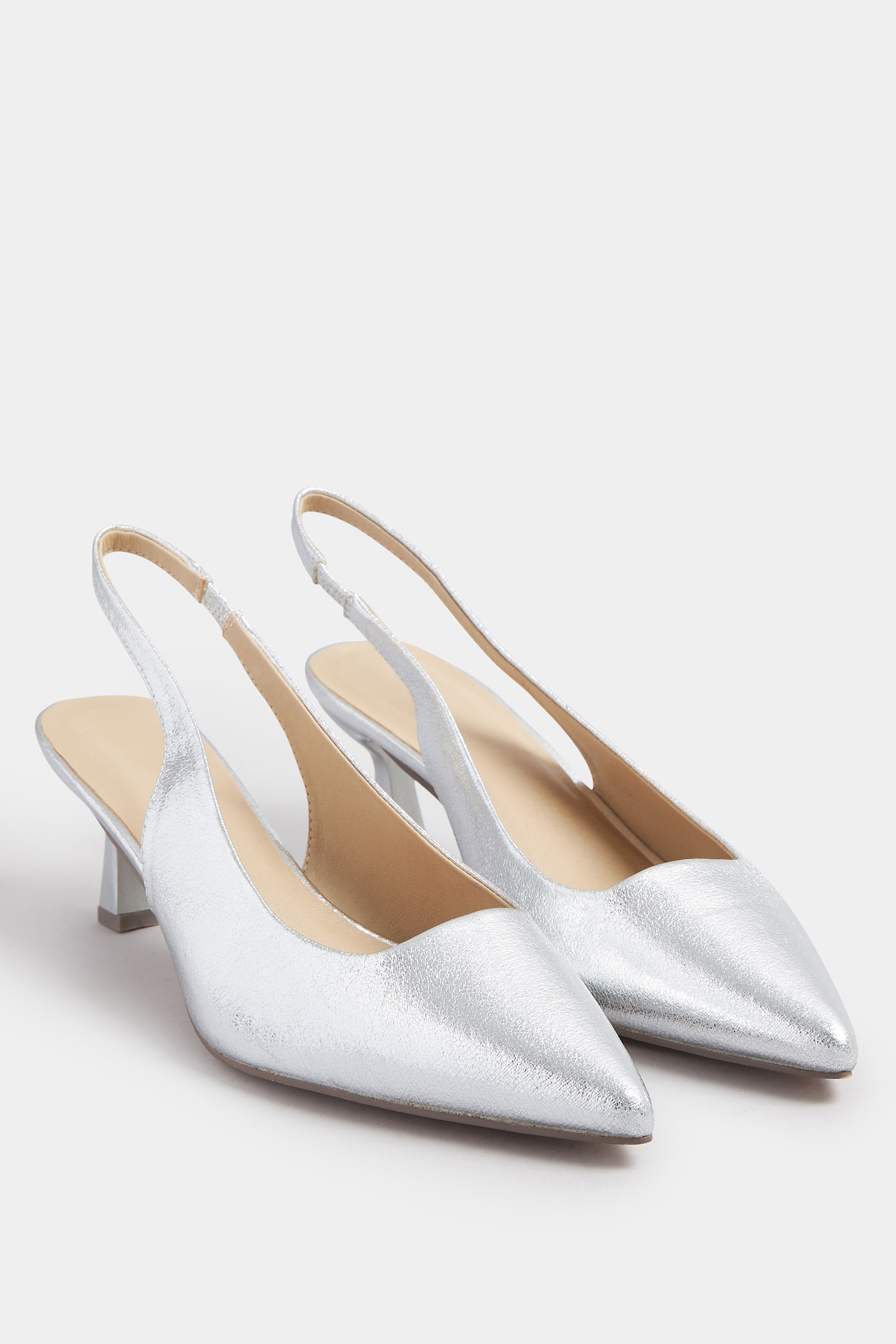 Silver Faux Leather Slingback Kitten Heels In Extra Wide EEE Fit | Yours Clothing 2