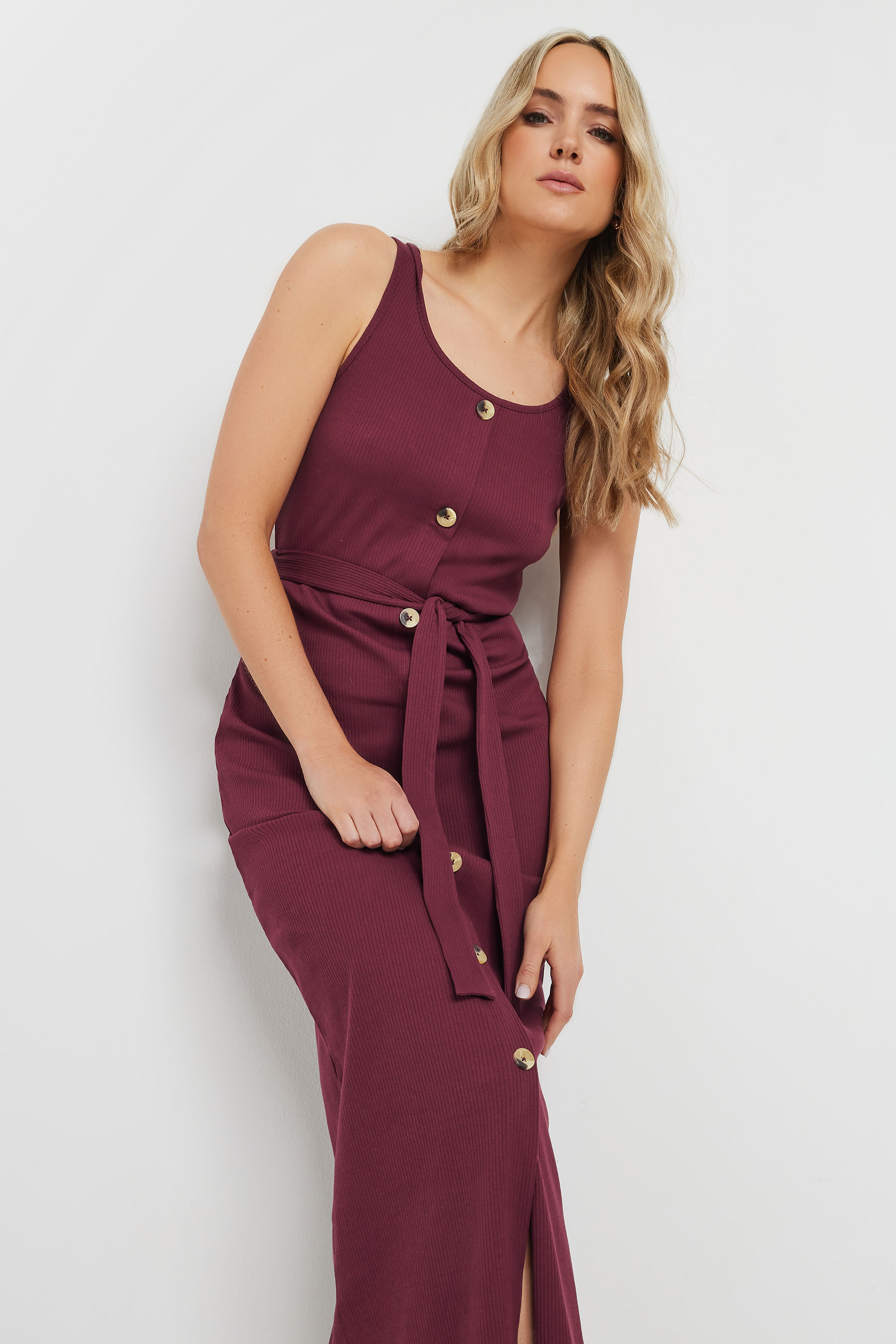 LTS Tall Women's Burgundy Red Ribbed Button Through Maxi Dress | Long Tall Sally 3