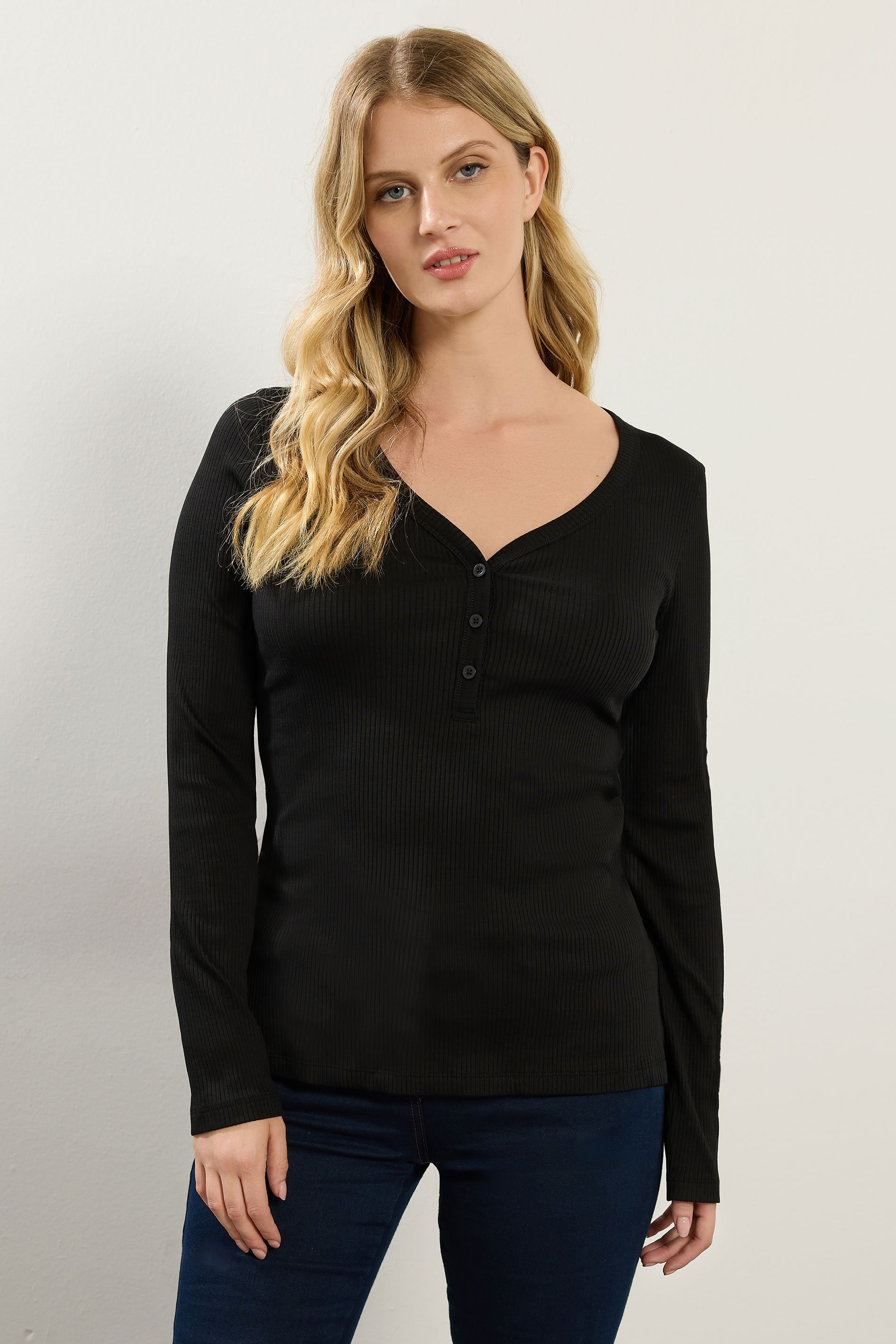 LTS Tall Black Cotton Ribbed Henley Top | Long Tall Sally 1