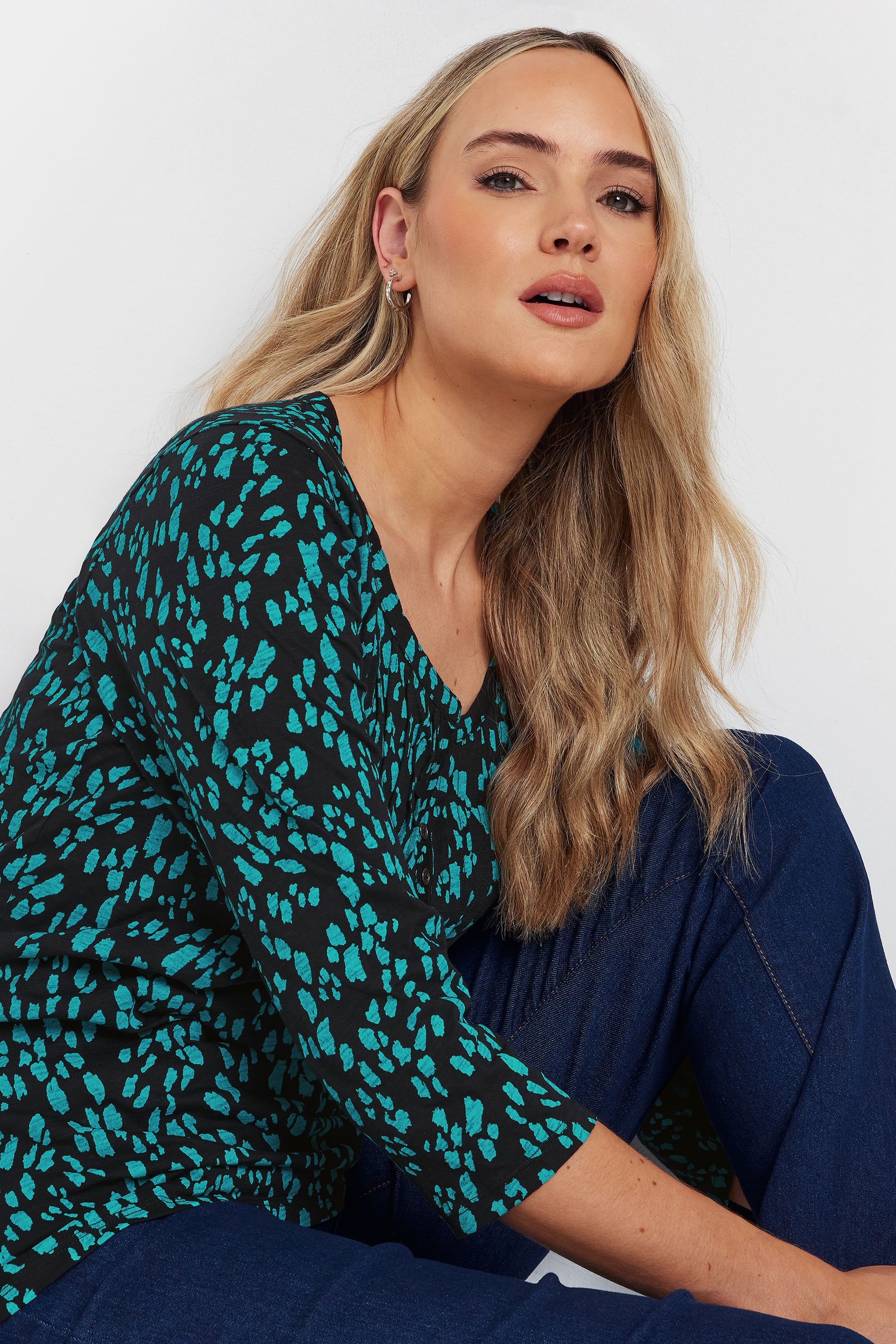 LTS Tall Green Abstract Cotton Henley Top | Long Tall Sally 4