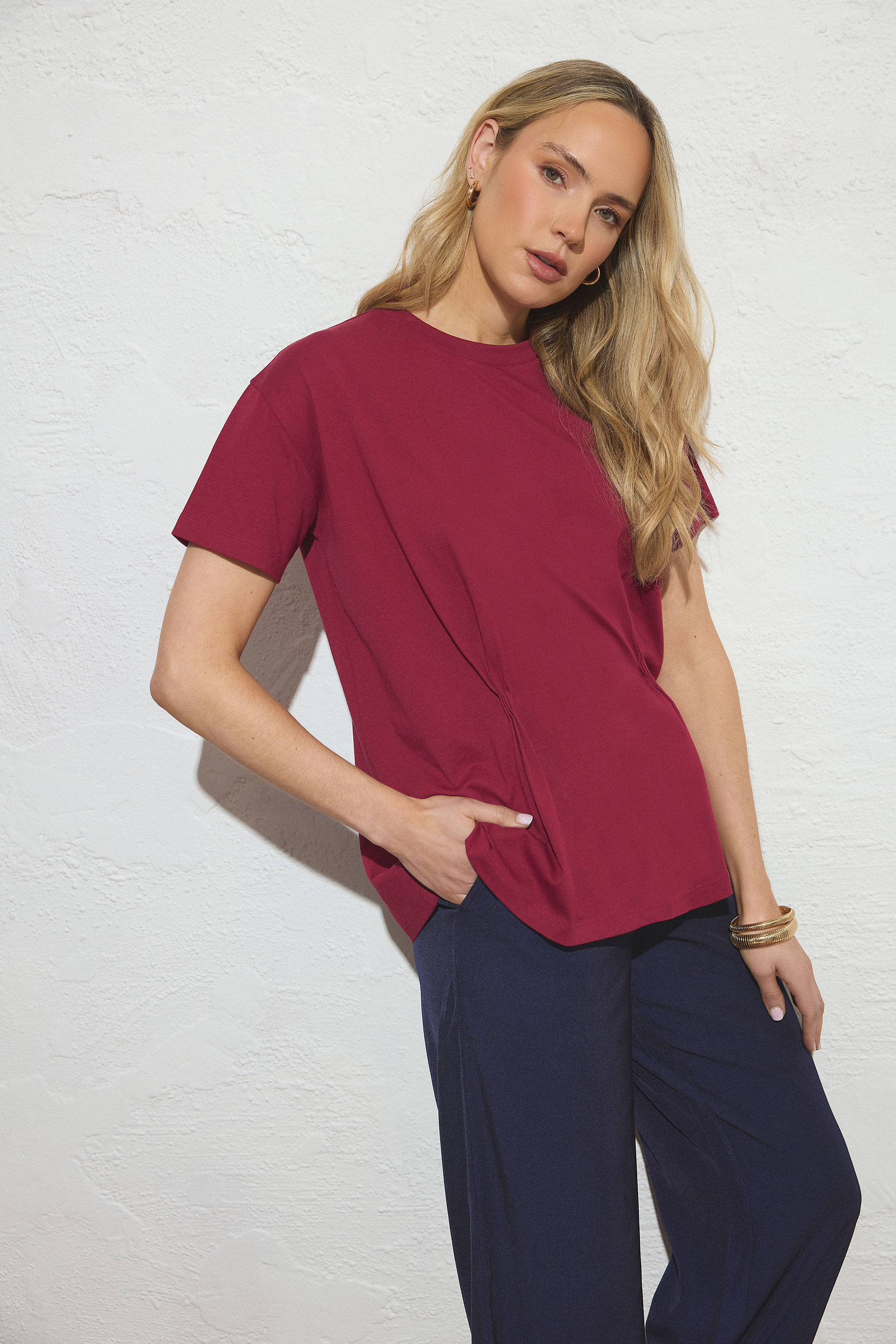 LTS Tall Women's Burgundy Red Pleat Front Cotton T-Shirt | Long Tall Sally 3