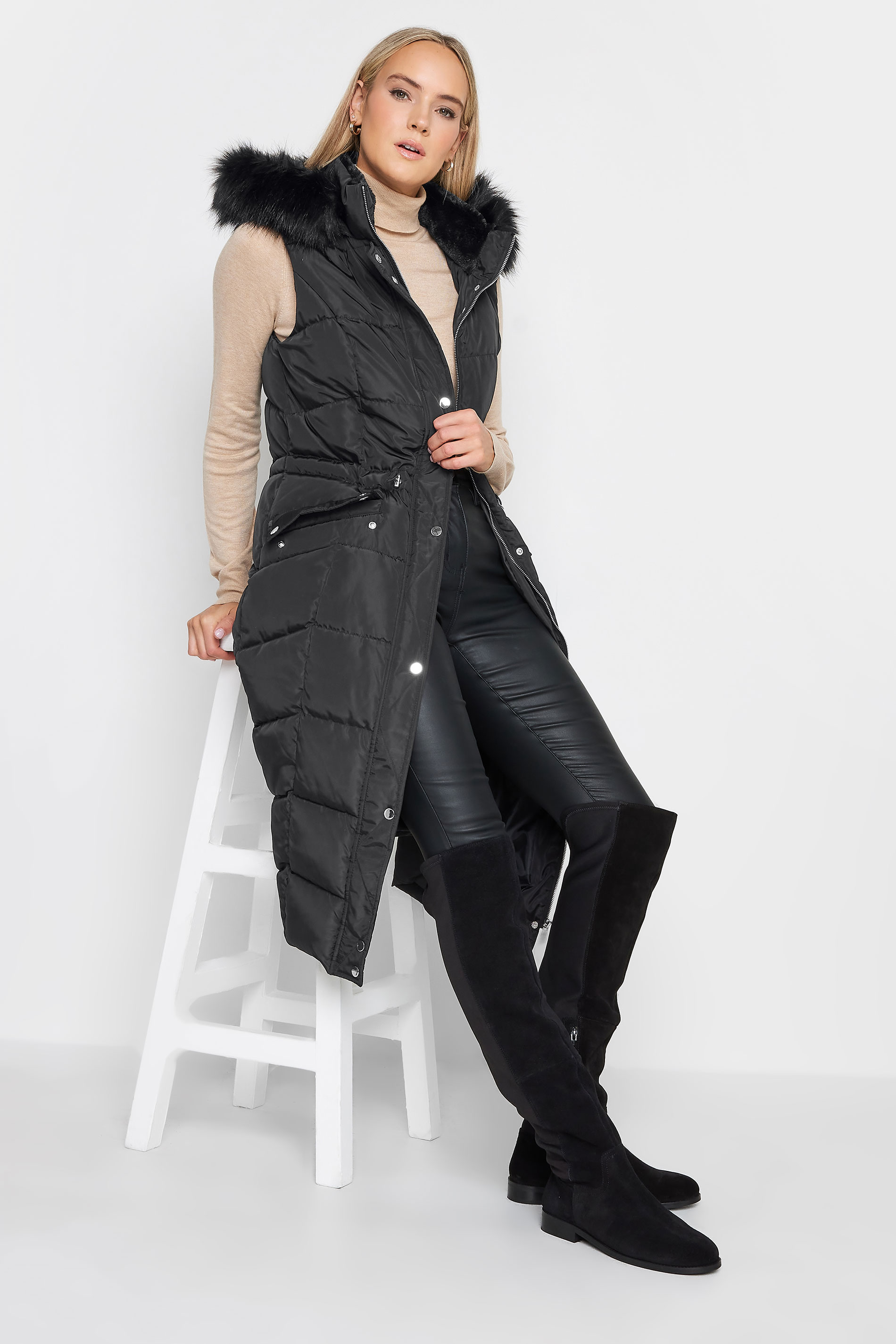 LTS Tall Black Faux Fur Trim Hooded Midi Gilet | Long Tall Sally 1