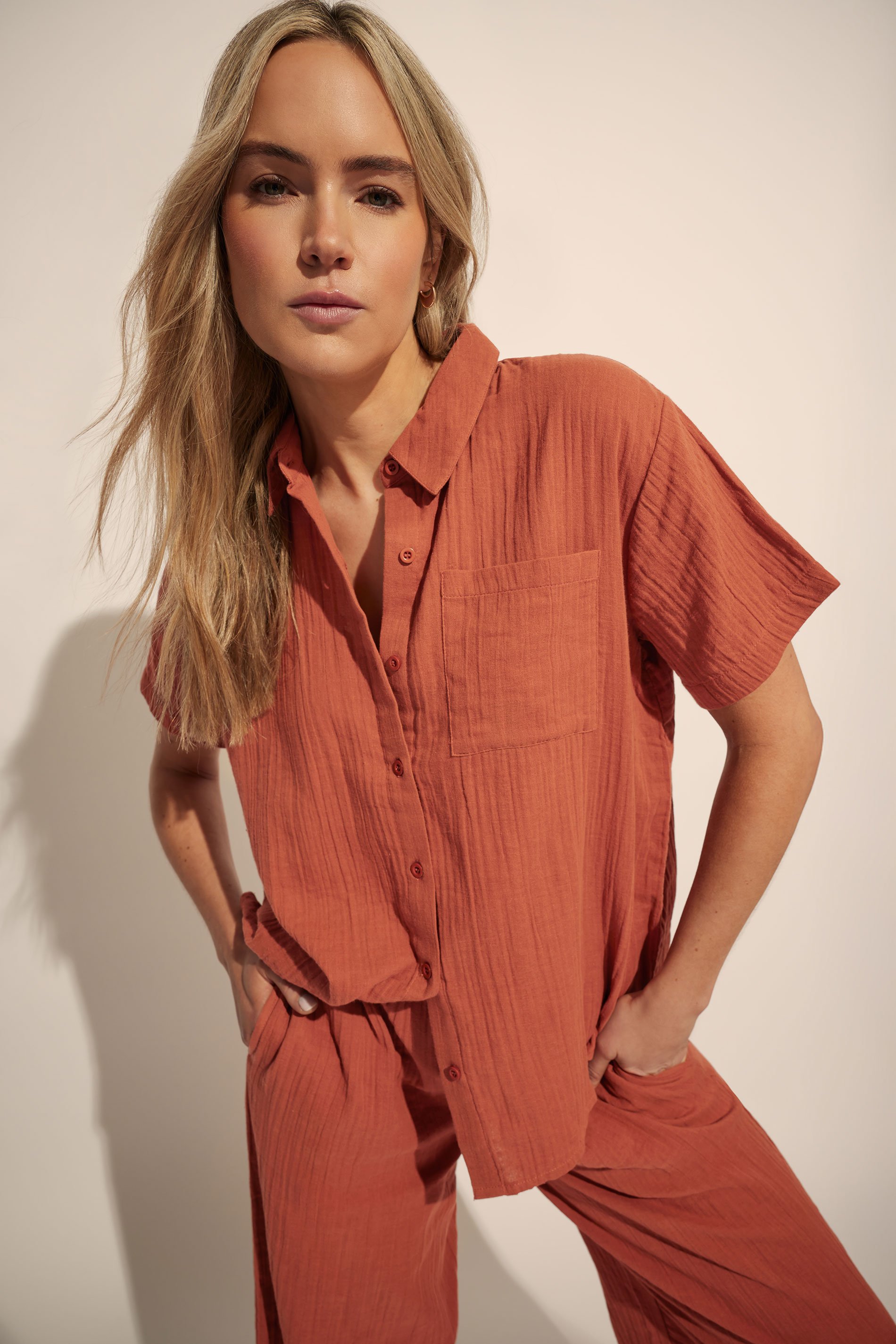 LTS Tall Rust Orange Cotton Cheesecloth Short Sleeve Shirt | Long Tall Sally 1