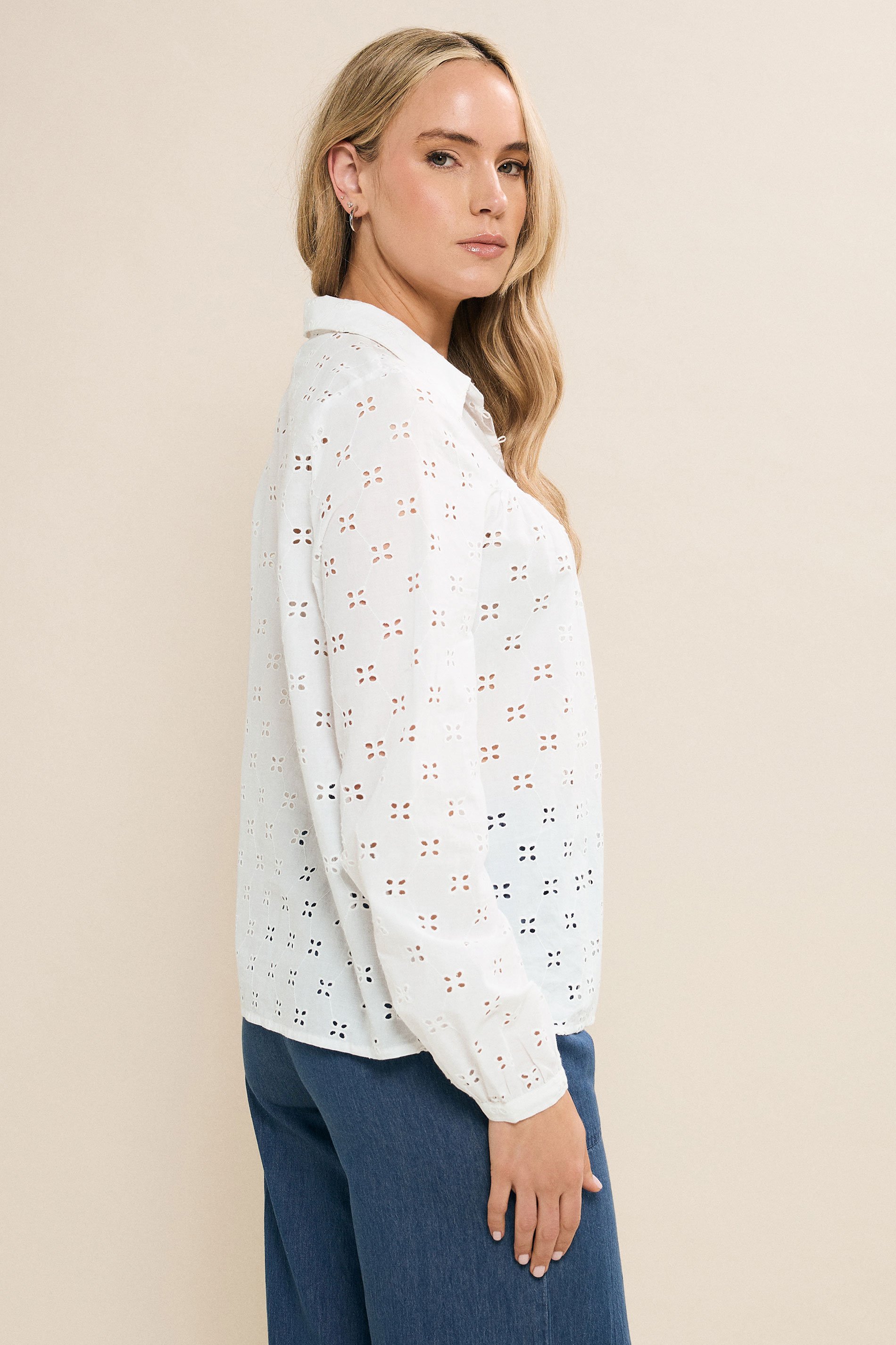 LTS Tall White Cotton Broderie Yoke Shirt | Long Tall Sally 4