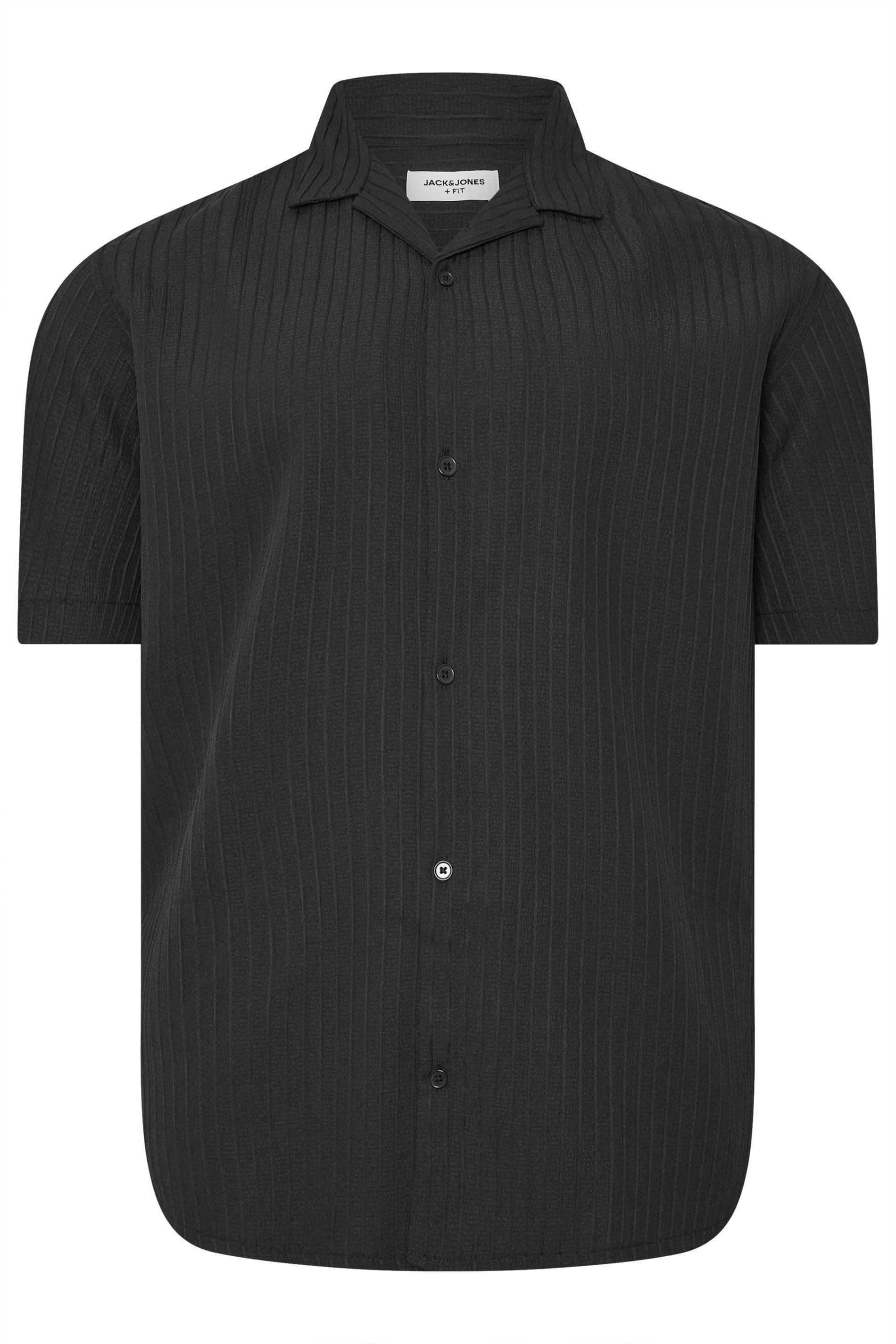 JACK & JONES Big & Tall Black Stripe Texture Resort Shirt | BadRhino 4