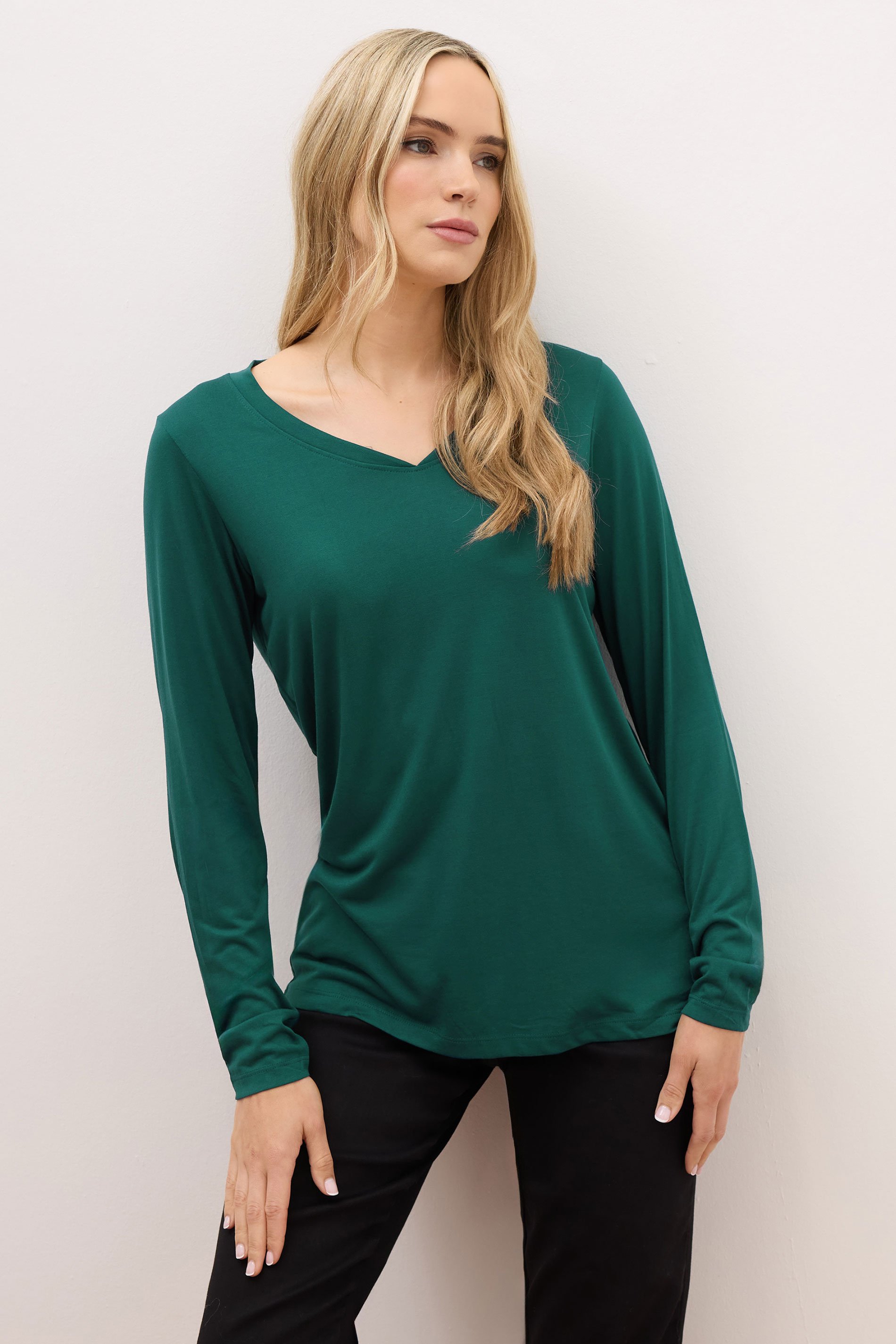 LTS PREMIUM Tall Forest Green Long Sleeve V-Neck Top | Long Tall Sally 1