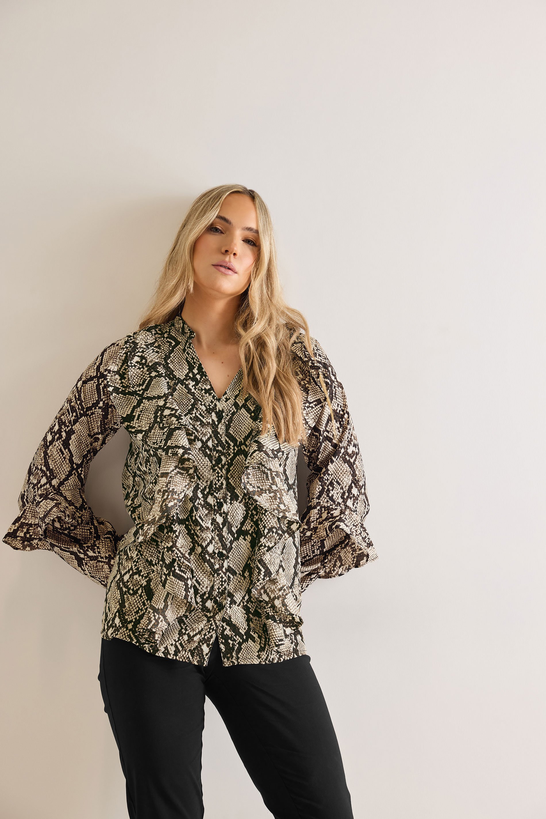 LTS Tall Beige Brown Snake Print Frill Shirt | Long Tall Sally 2