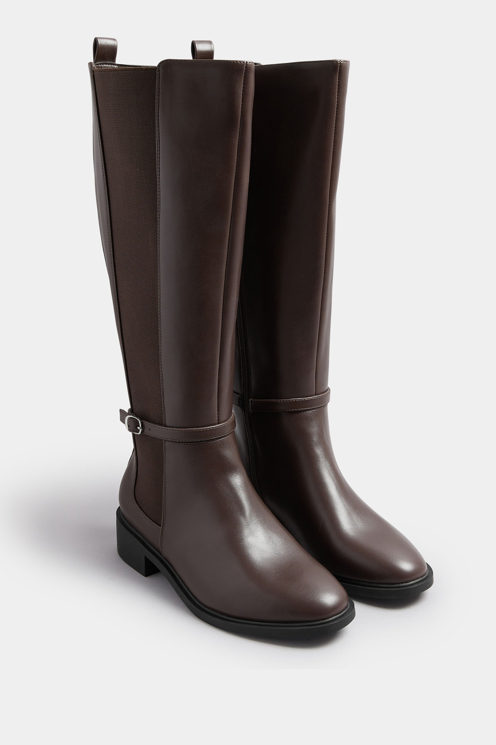 Brown Faux Leather Buckle Knee High Riding Boots In Extra Wide EEE Fit | Yours Clothing 2