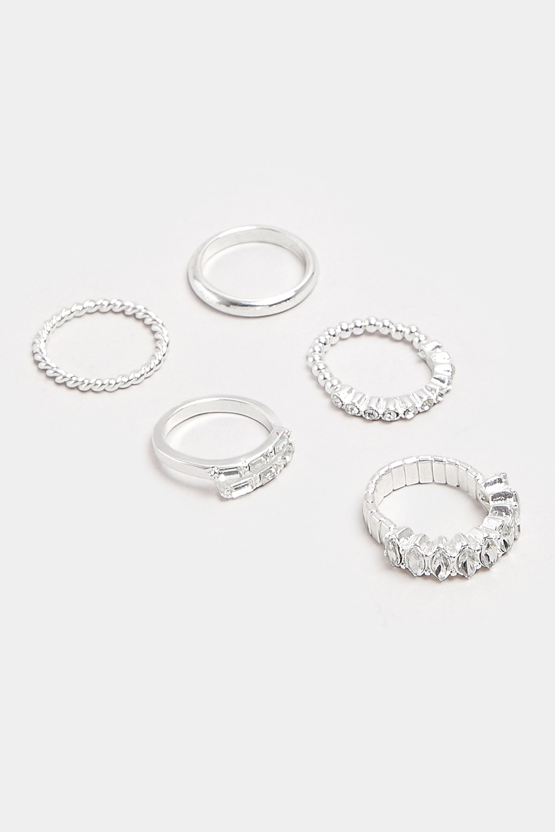 5 Pack Silver Tone Mixed Diamante Ring Set | Yours Clothing 2