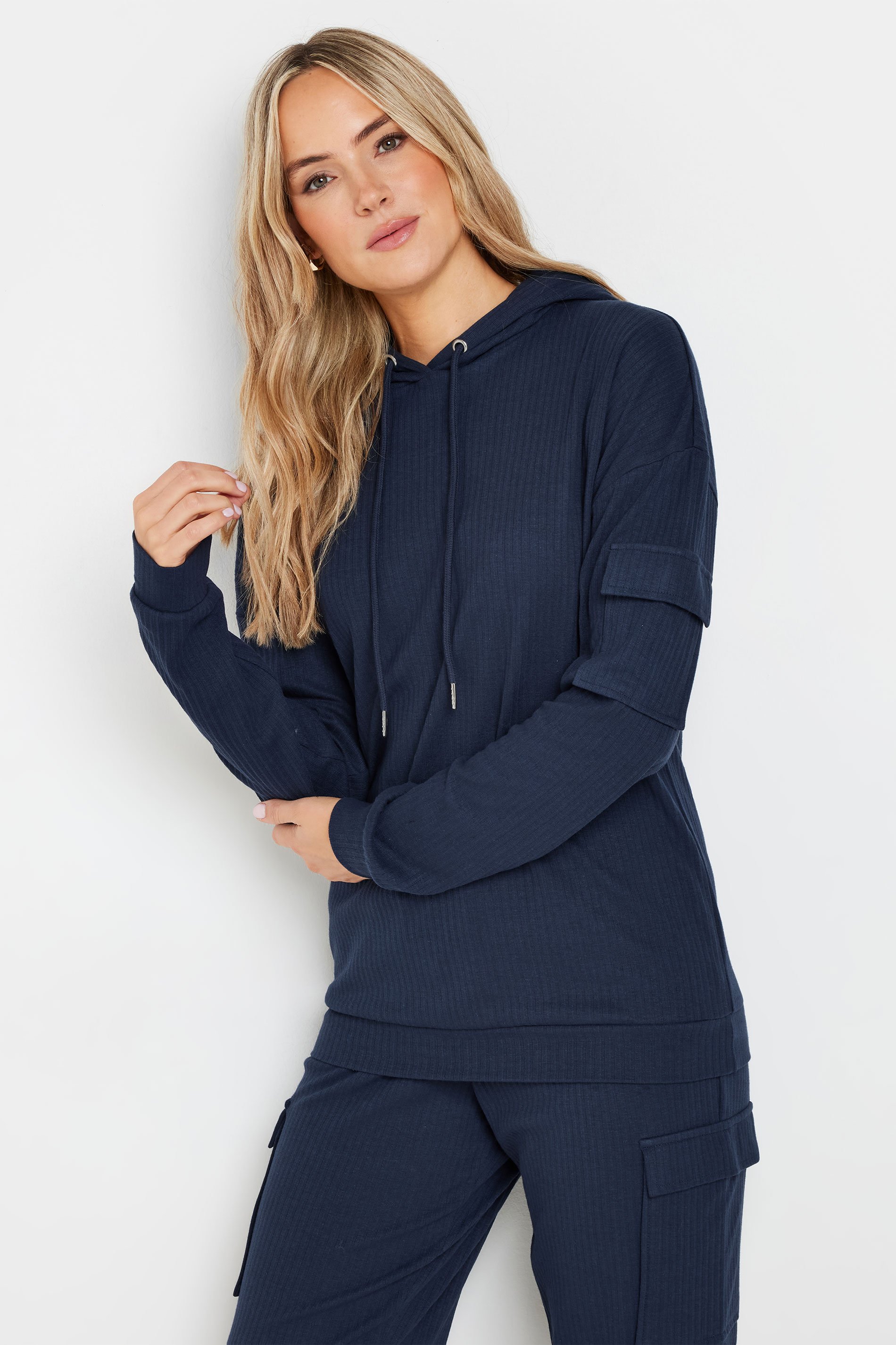 LTS Tall Women's Navy Blue Ribbed Cargo Hoodie | Long Tall Sally 1