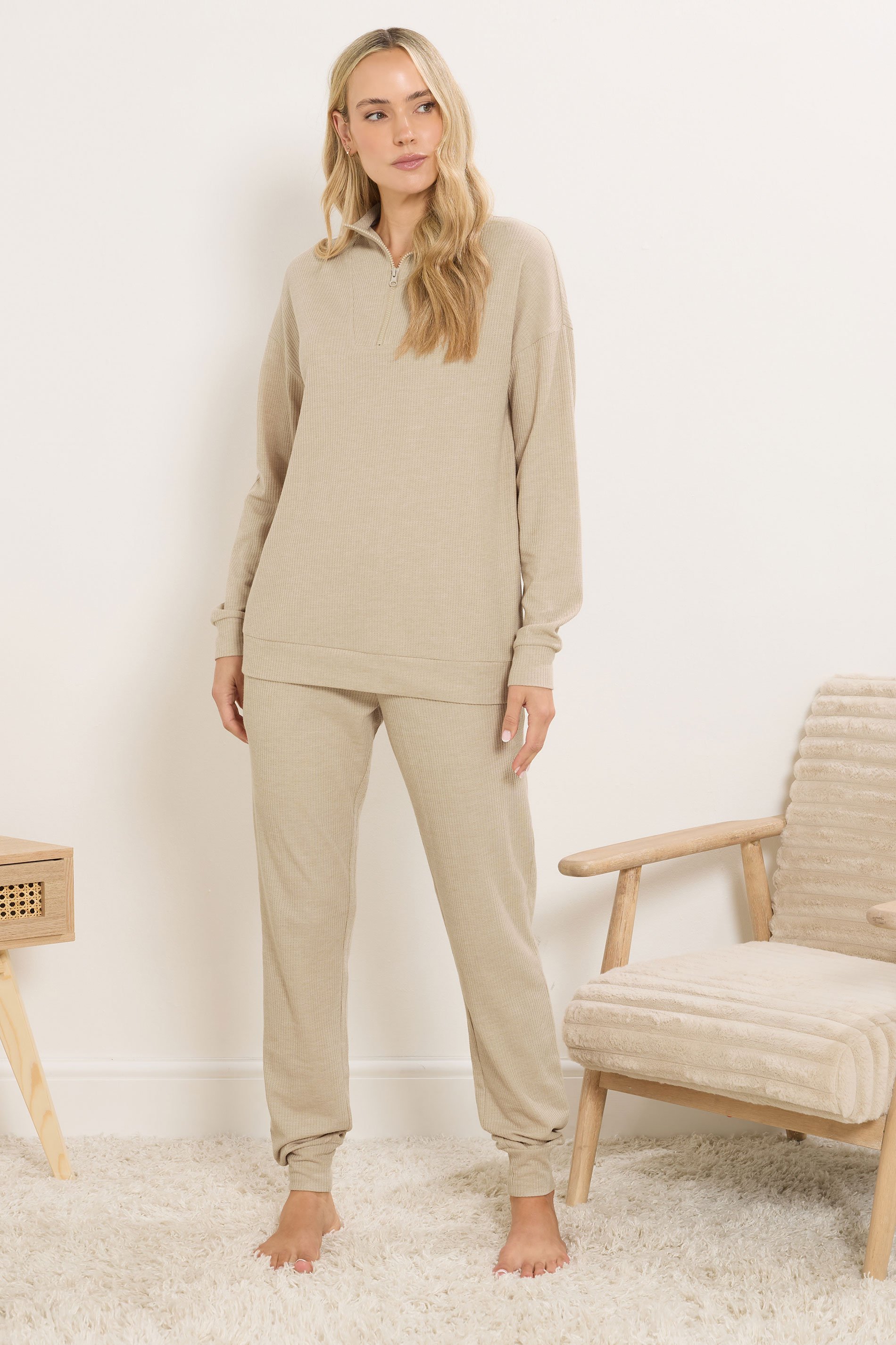 LTS Tall Beige Brown Waffle Quarter Zip Lounge Top | Long Tall Sally 2
