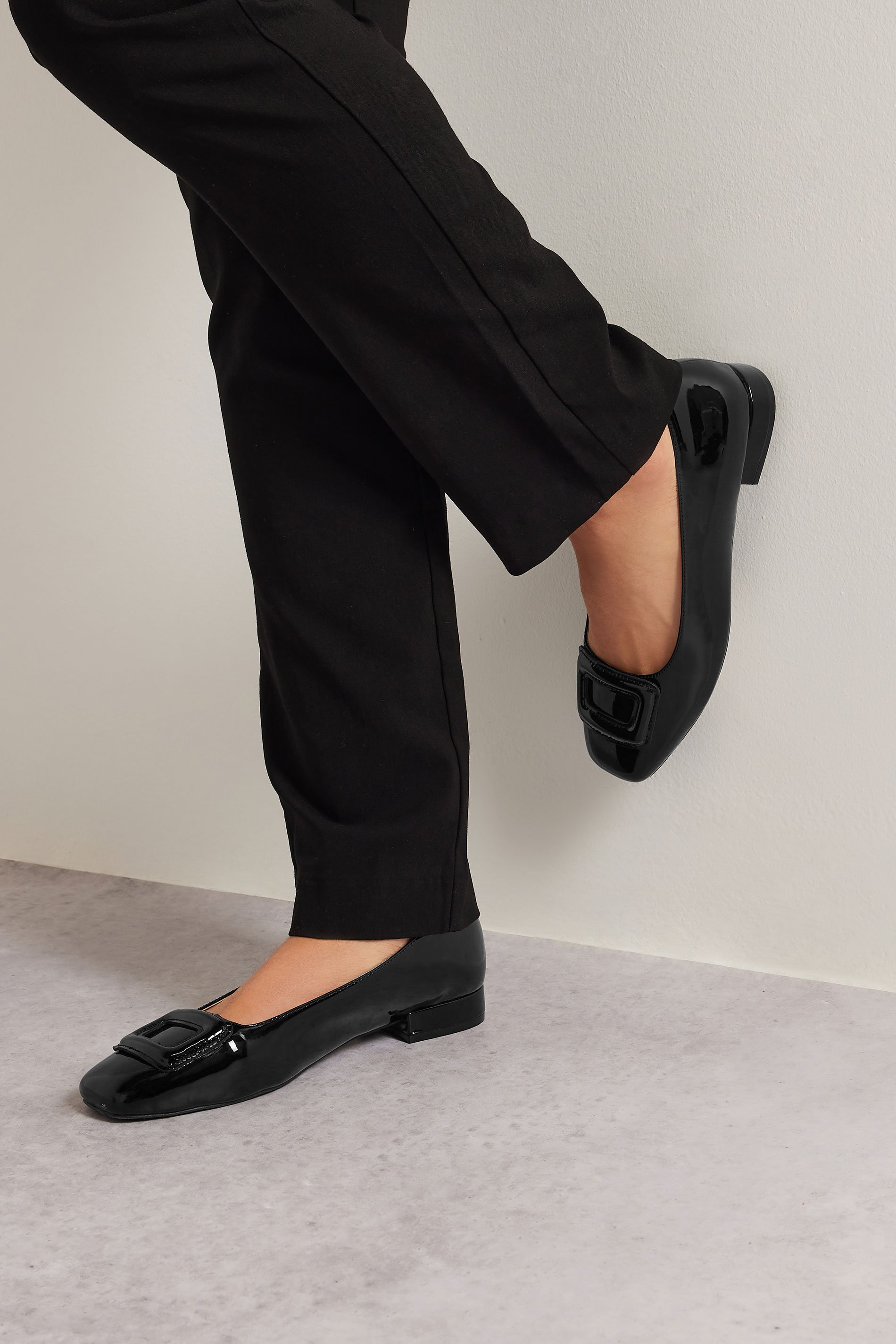 LTS Black Patent Square Toe Flats In Standard Fit | Long Tall Sally 1