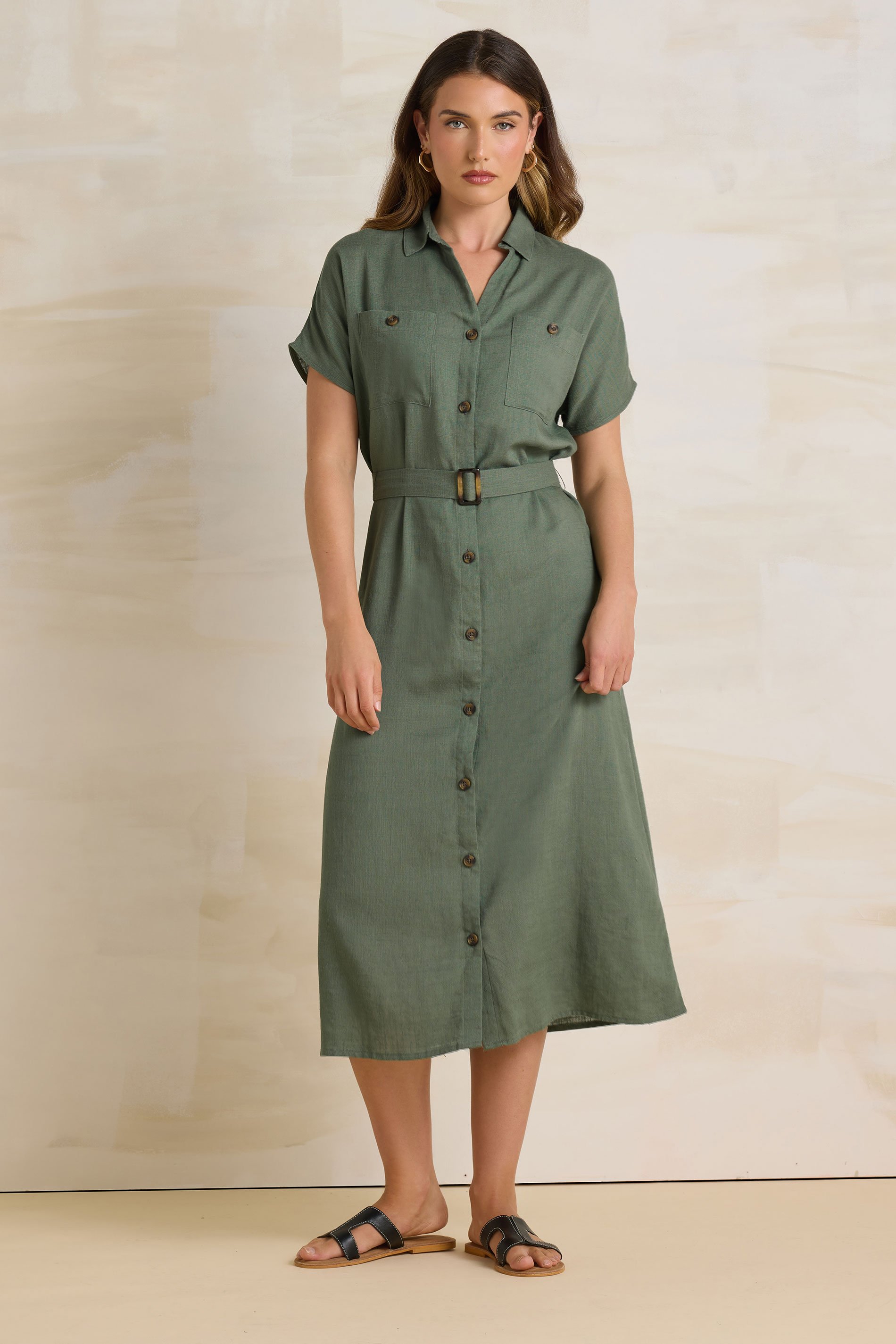 LTS Tall Khaki Green Linen Button Midi Dress | Long Tall Sally 2