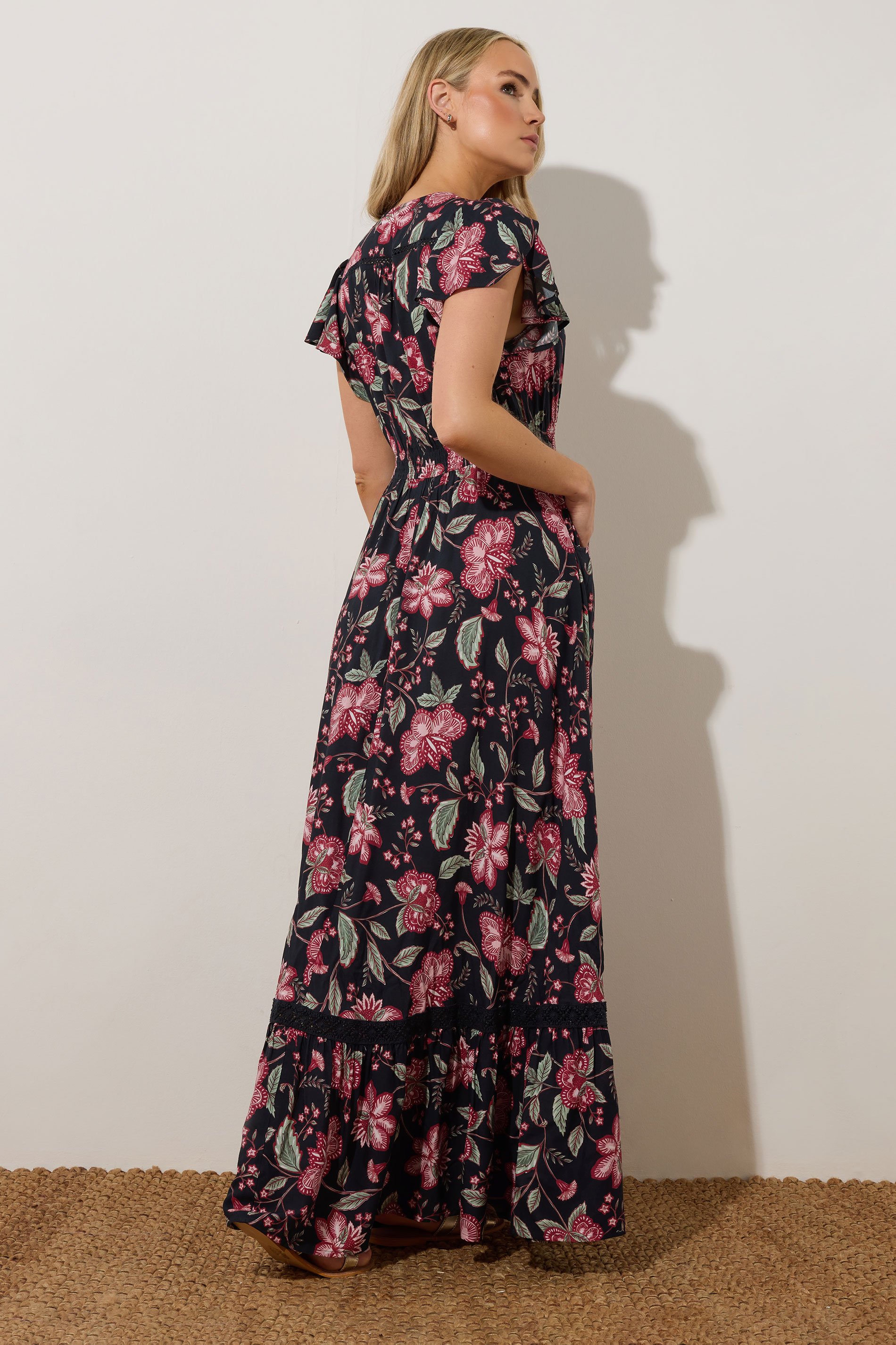 LTS Tall Black Floral Button Lace Insert Maxi Dress | Long Tall Sally 4