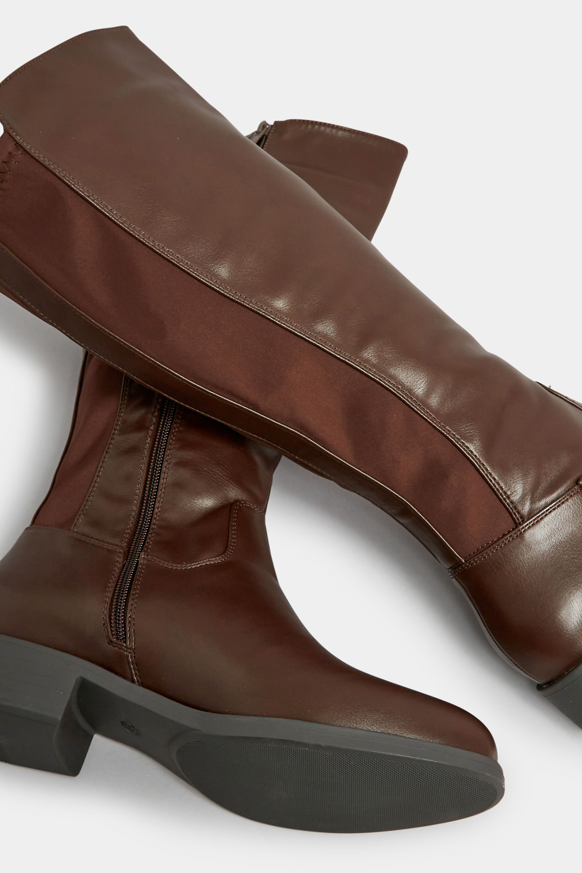 Chocolate Brown PU Stretch Heeled Knee High Boots In Wide E Fit & Extra Wide EEE Fit 5