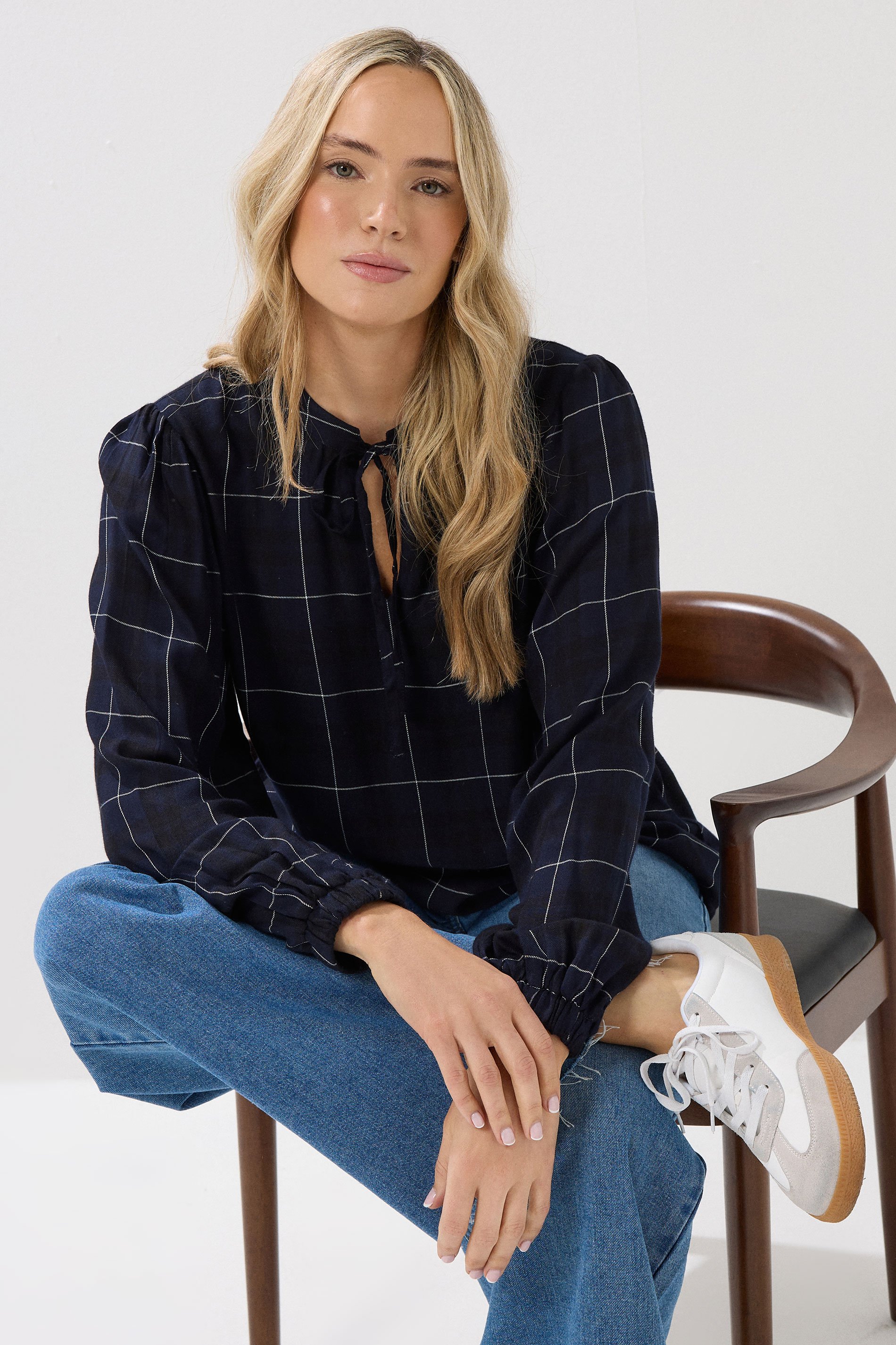 LTS Tall Navy Blue Check Tie Front Blouse | Long Tall Sally 1