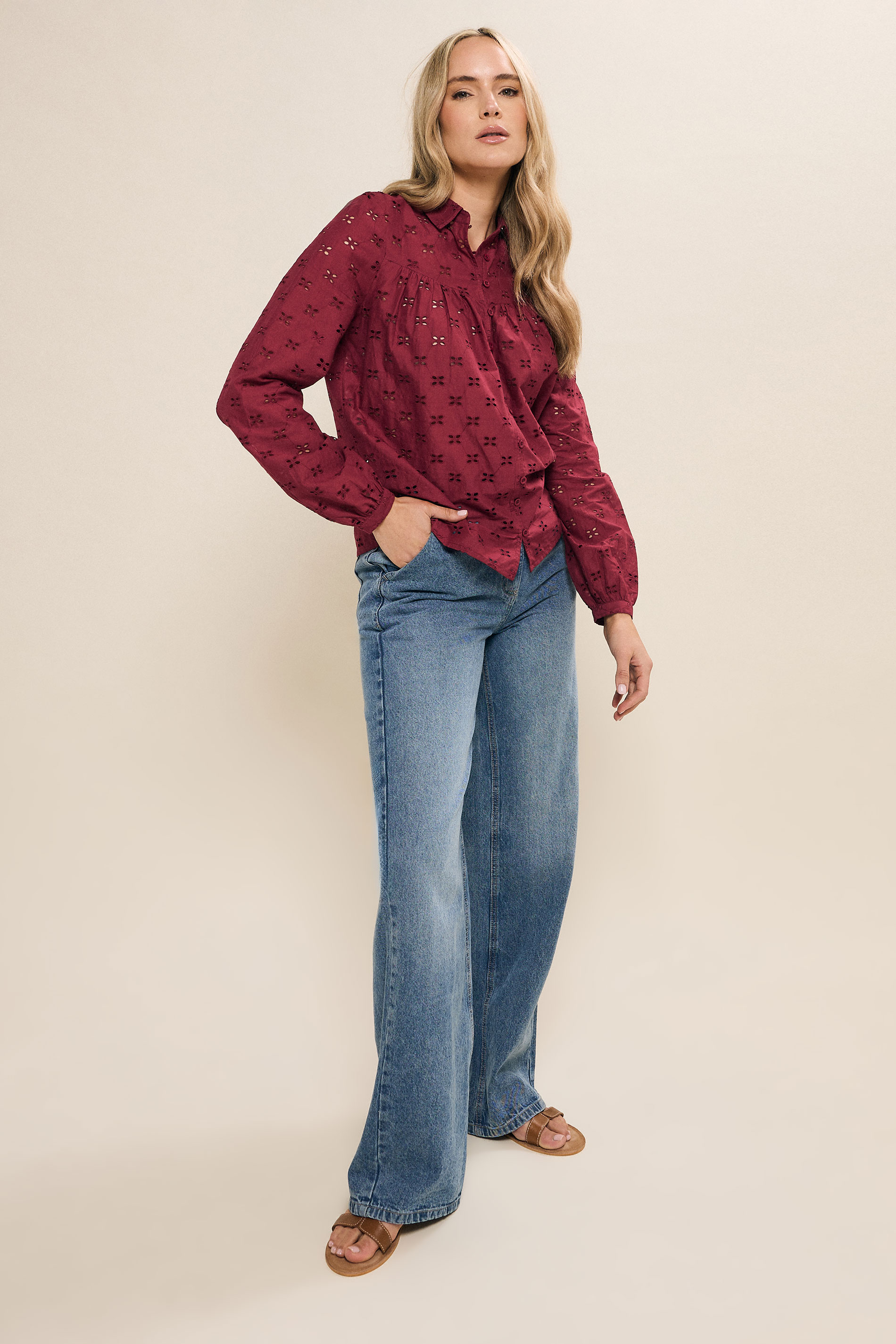 LTS Tall Red Cotton Broderie Yoke Shirt | Long Tall Sally 3