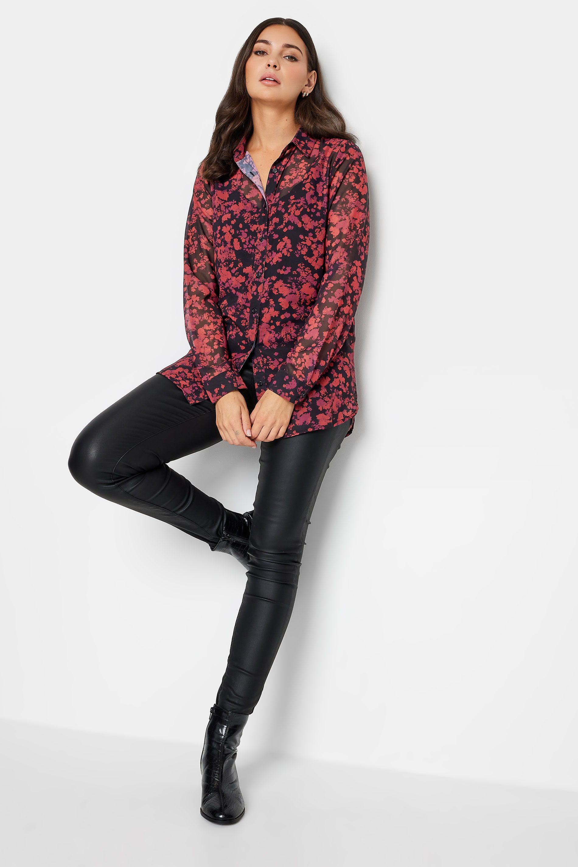 LTS Tall Black & Red Blurred Floral Print Shirt | Long Tall Sally 2