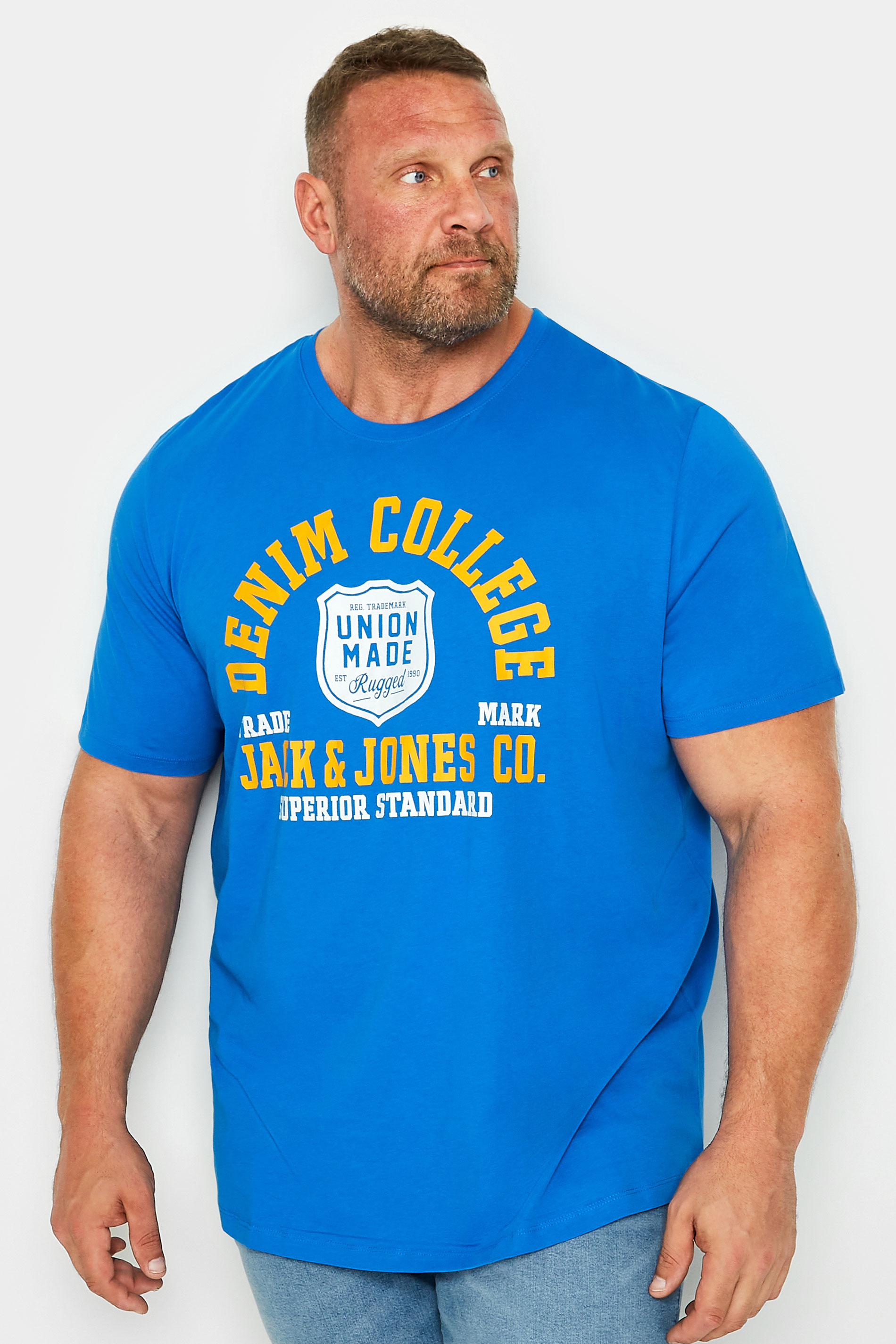 JACK & JONES Big & Tall Blue Denim College Logo T-Shirt | BadRhino 1