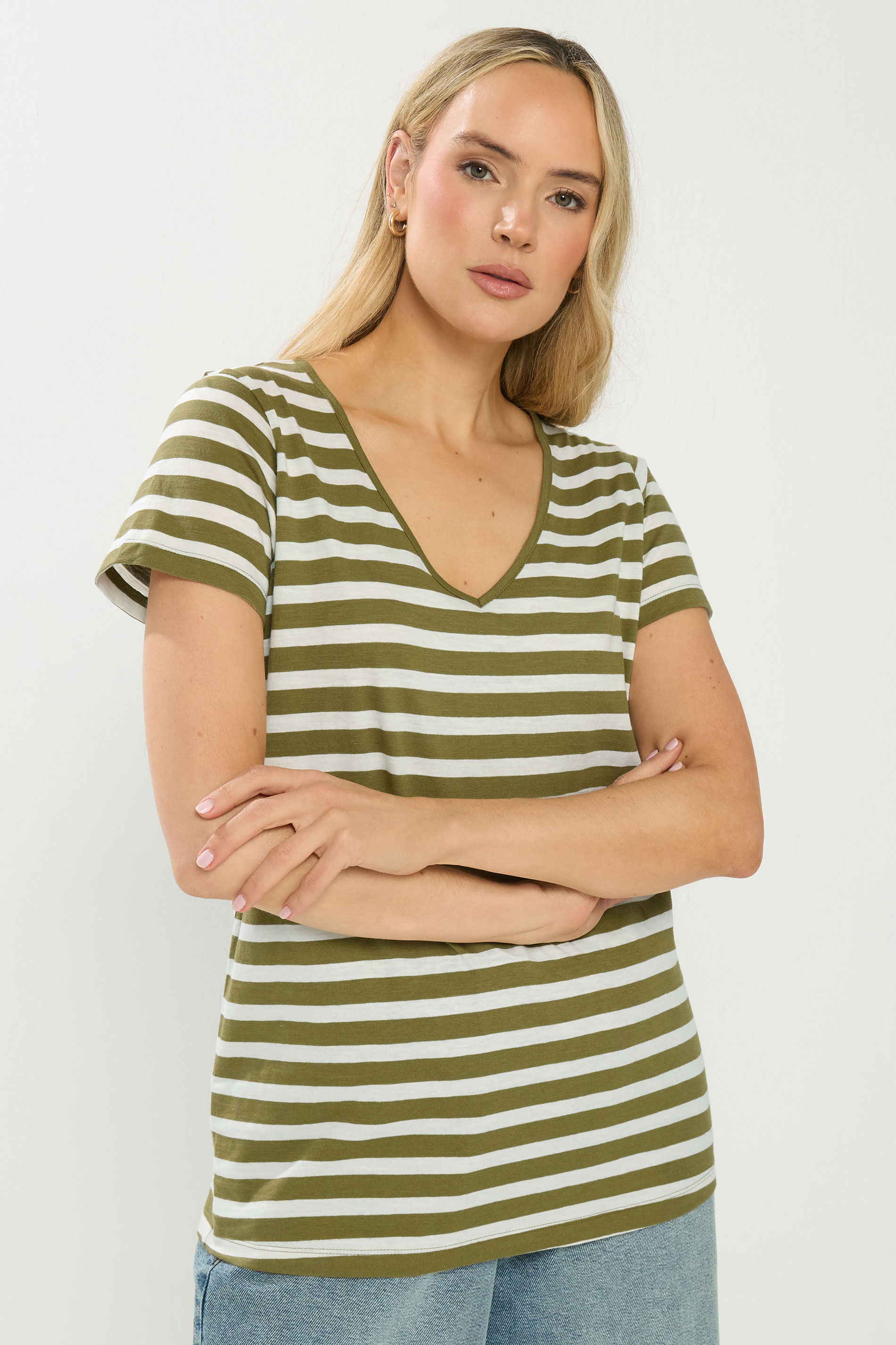 LTS Tall 2 PACK Coral Orange & Khaki Green Stripe T-Shirts | Long Tall Sally 2