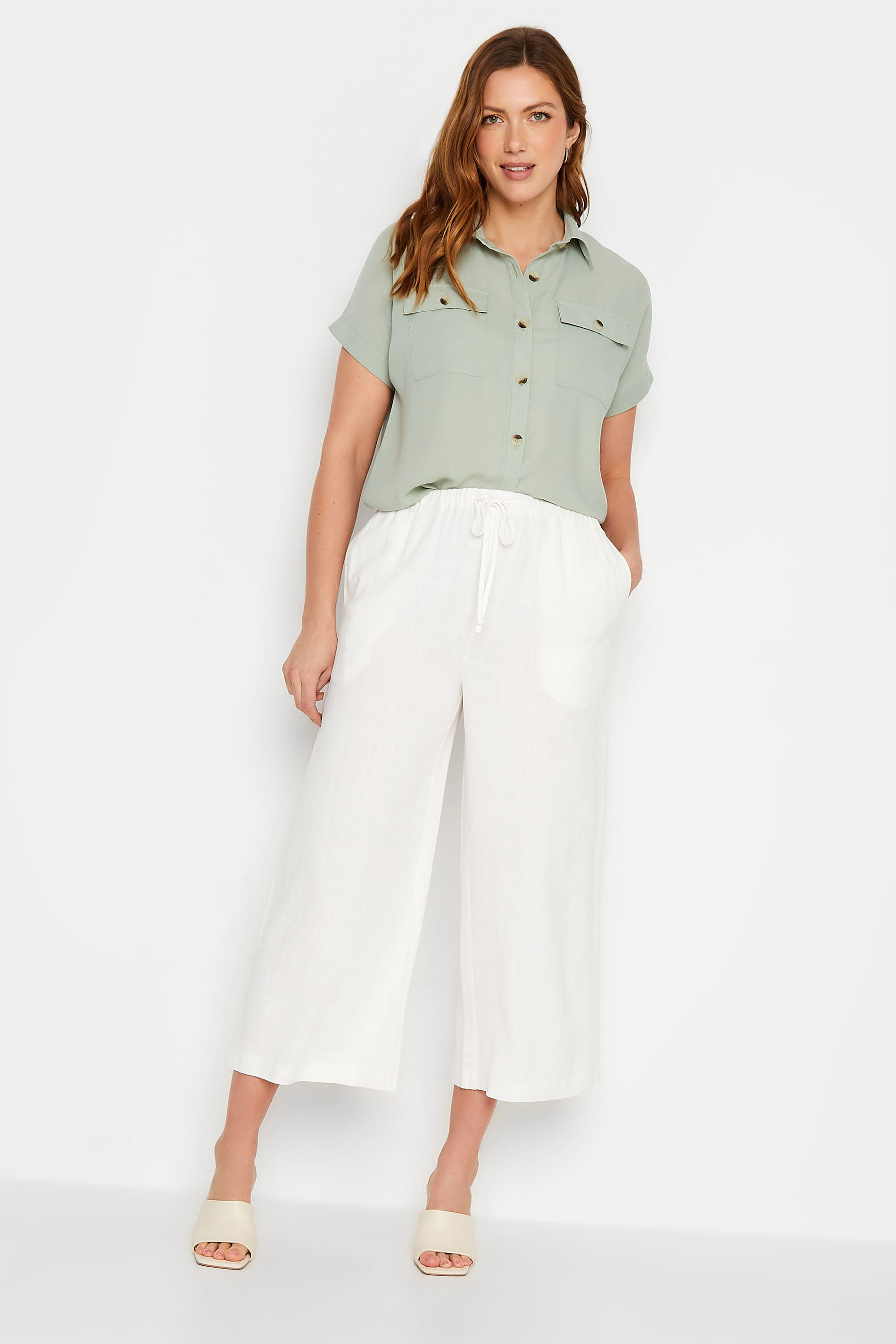 LTS Tall Women's White Wide Leg Cropped Linen Look Trousers | Long Tall Sally 2
