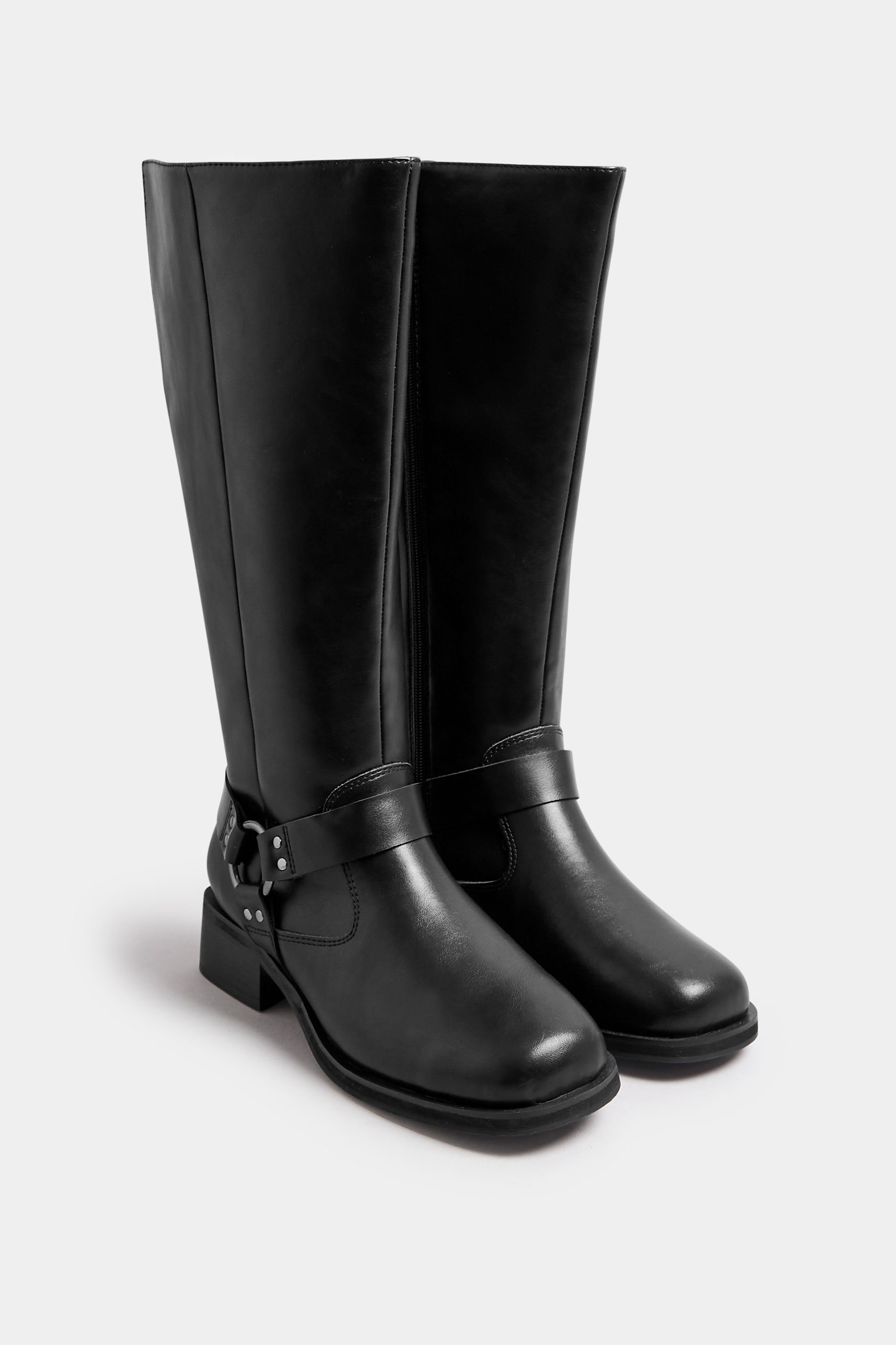 Black Harness Detail Knee High Biker Boots In Extra Wide EEE Fit | Yours Clothing 2